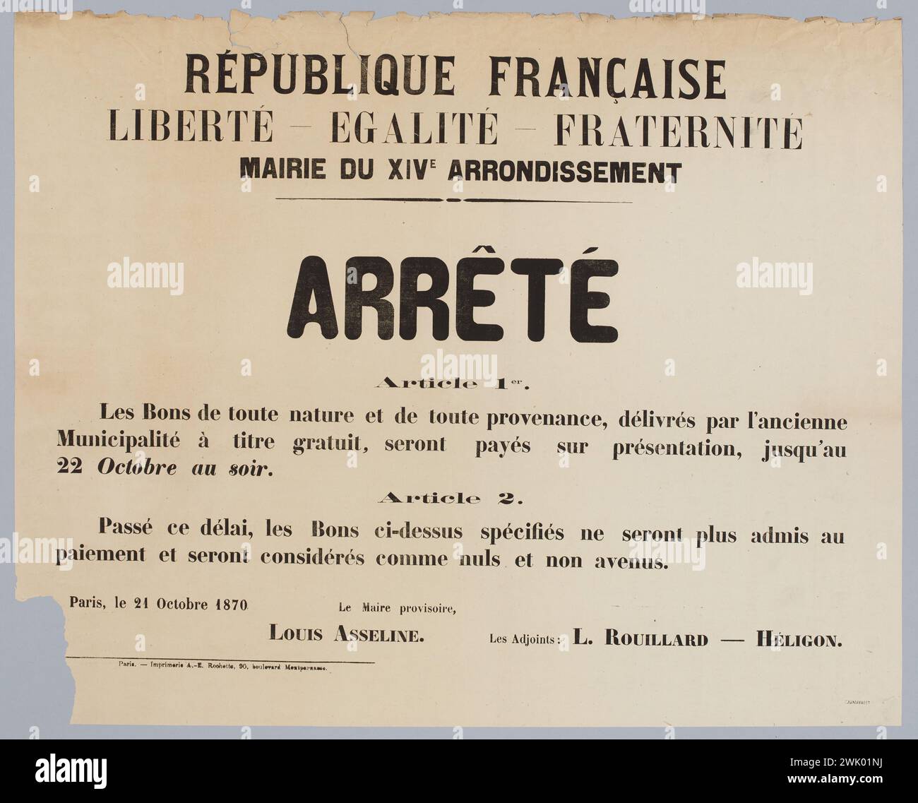 Rochette, A.-E., Französisch/ Libertische Republik - Egalite - Fraternitis/ Rathaus des 14. Arrondissements/ Stop/ Artikel 1./ Gutscheine aller Art und aller Herkunft, die von der Alten/Gemeinde kostenlos ausgestellt werden, werden gegen Vorlage bis 22. Oktober abends bezahlt. (Eingetragener Titel (Schreiben)), 1870. Typografie. Carnavalet Museum, Geschichte von Paris. Stockfoto