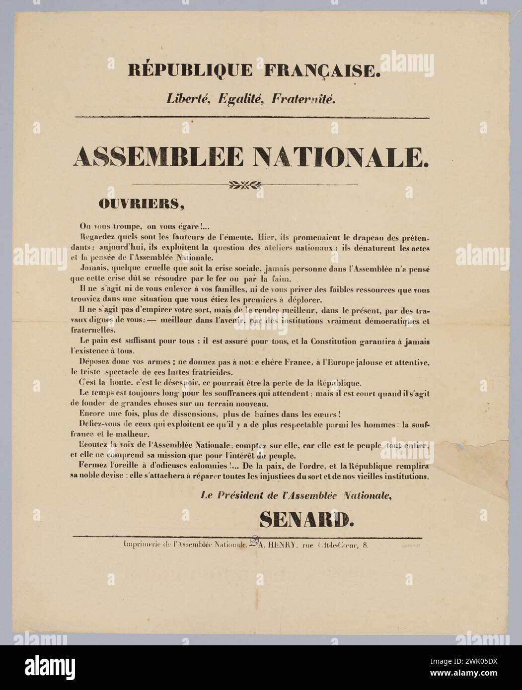 Druck der Nationalversammlung, Französische Republik./ Freiheit, Gleichheit, Bruderschaft./ Nationalversammlung. (Beschrifteter Titel (Brief)), 1848. Musée Carnavalet, Histoire de Paris. Stockfoto