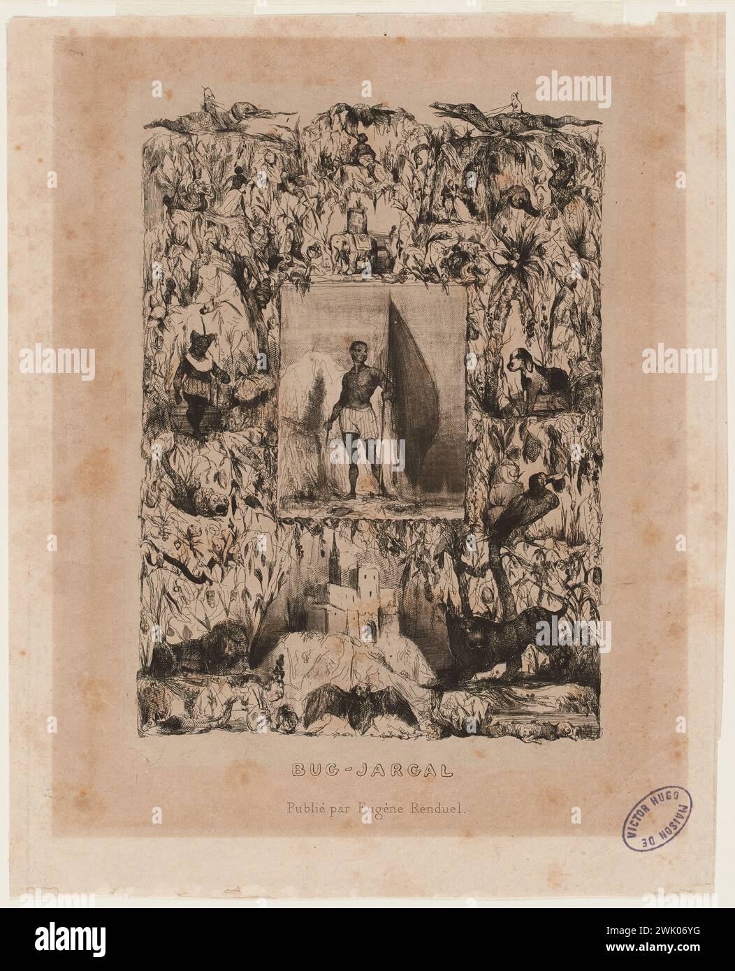 Nanteuil, Célestin (Célestin Francois Nanteuil-Lebœuf, dit) (Nr. 1813-07-11-D.1873-09-06), Bug Jargal (Titel eingeschrieben (Brief)), 1832. Ätzen Sie auf Papier. Häuser von Victor Hugo Paris - Guernsey. Stockfoto