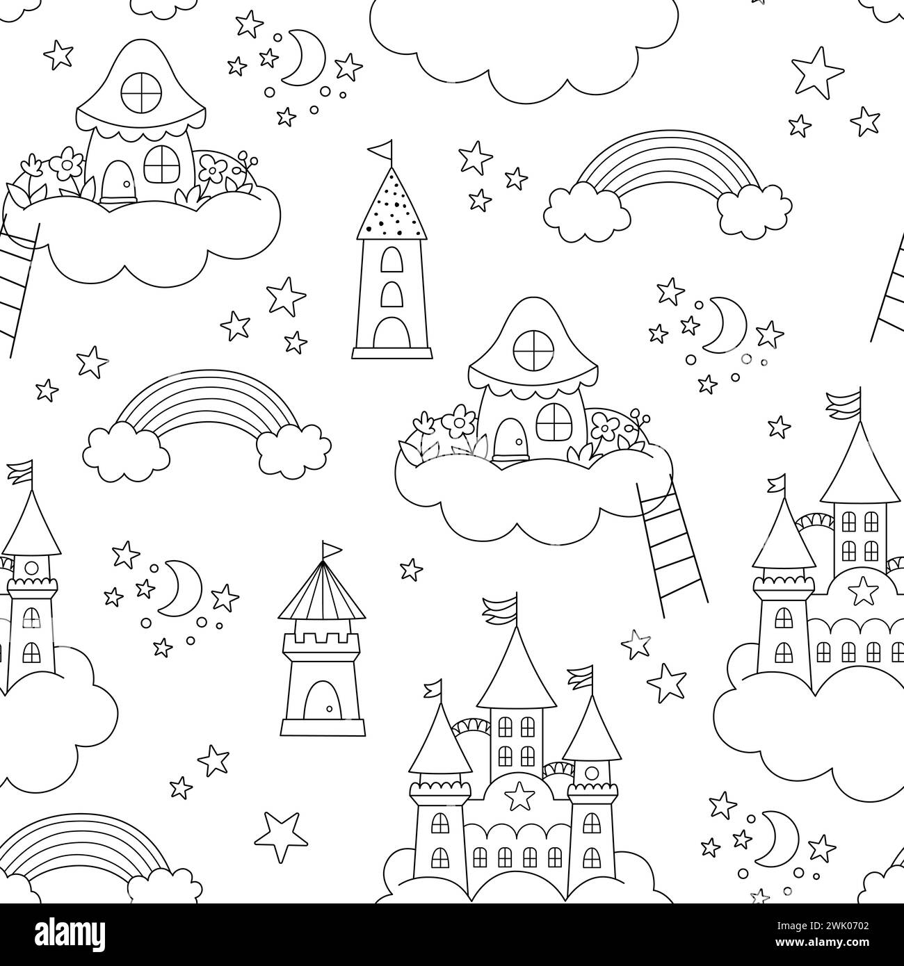 Nahtloses Vektor-Schwarz-weiß-Muster mit Einhornschloss, Feenhaus auf Wolke, Türme. Linienwiederholung Hintergrund mit Märchenhäusern, Regenbogen, Sternen Stock Vektor