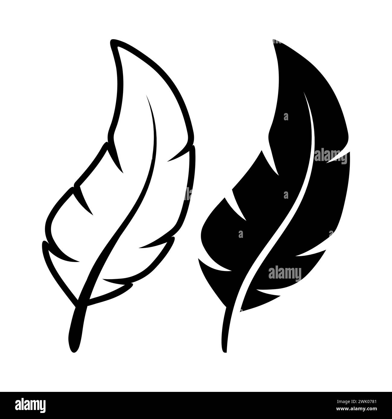 Vector Schwarz und weiß Logosymbole mit flauschigen Federn. Silhouette Feather Set Closeup Isoliert. Designvorlage für Flamingo, Engel, Vogelfeder. Leichtigkeit Stock Vektor