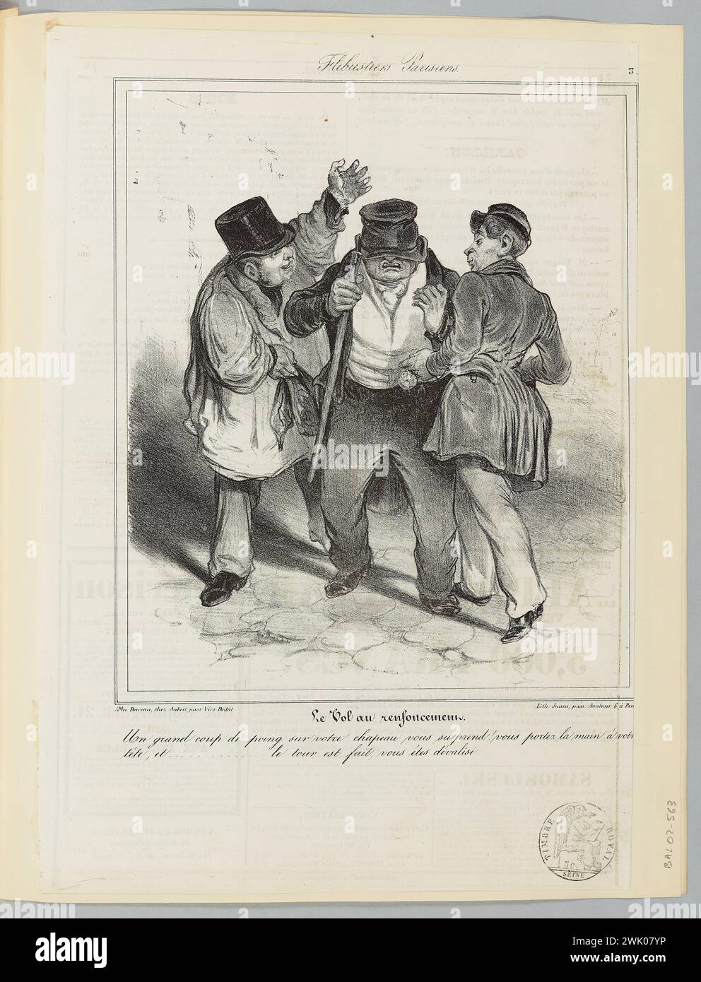 Daumier, Honoré (Nr. 1808-02-26-D.1879-02-10), der Flug zur Relevanz (eingetragener Titel (Brief)). Schwarz-weiß-Lithographie auf Zeitung. Balzac Haus. Stockfoto