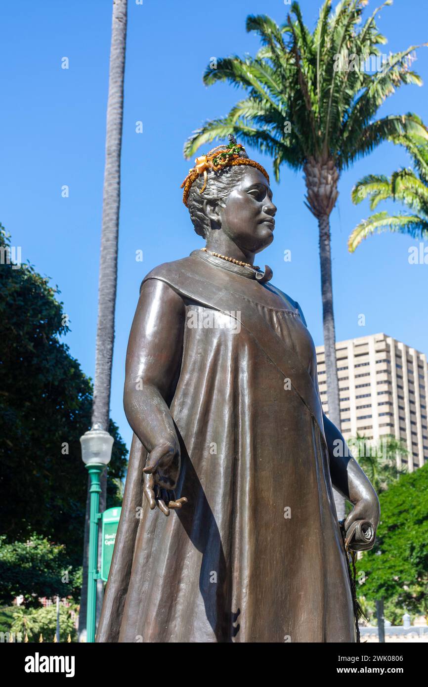 Königin Lili'uokalani Statue vor dem Hawaii State Capitol, Beretania Street, Honolulu, Oahu, Hawaii, Vereinigte Staaten von Amerika Stockfoto