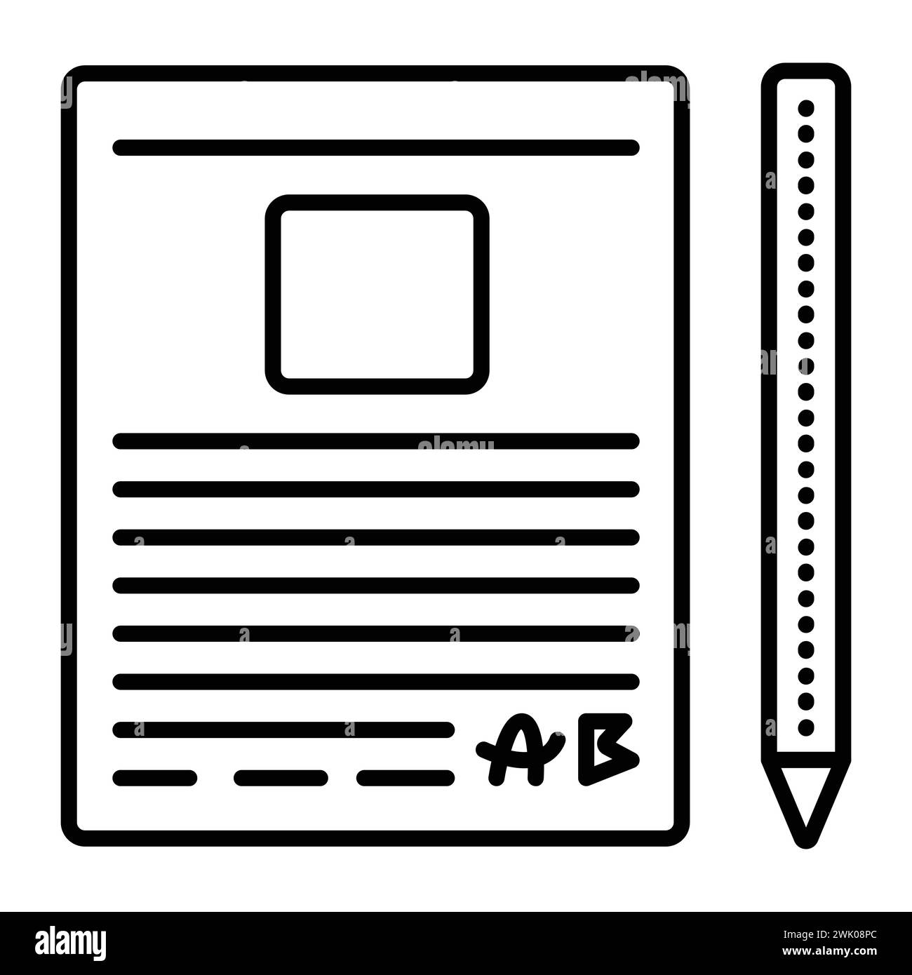 Dokumentvorlage und Stift, Vektorsymbol für schwarze Linien, Piktogramm eines Papierformulars mit Platz für ein Foto, bedingter Text und Unterschrift Stock Vektor