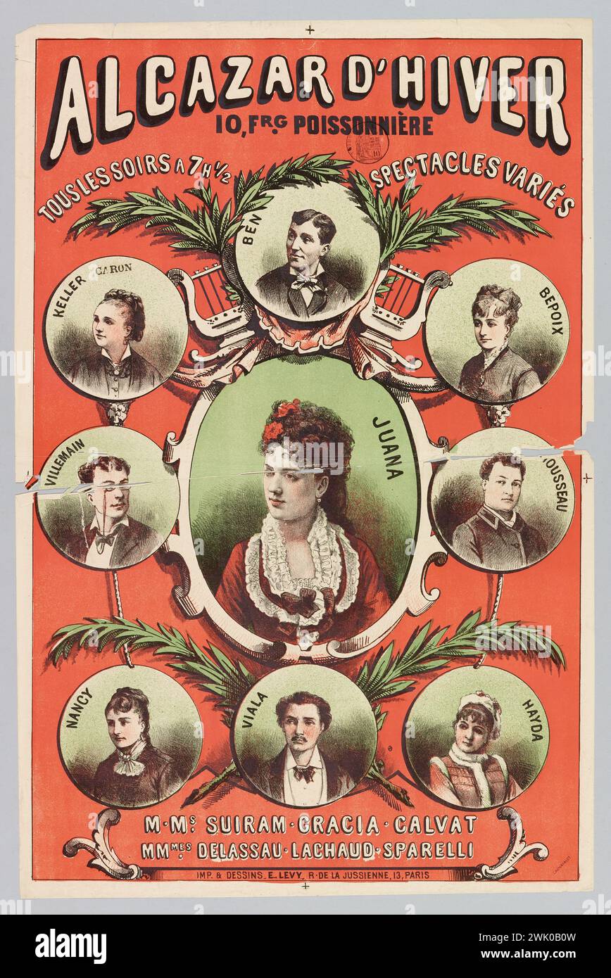 Lévy, Emile (Nr. 1826-08-29-D.1890-08-04), Winter Alcazar/10. BRD. Poissonniere/ Jeden Abend um 7:00 Uhr 1/2/ variiert/ M.MS Shows. SUIRAM. Gracia. Calvat/MMMS. Delassau. LACHAUD. Sparelli (Inschrifttitel (Brief)), 1873. Farblithographie. Carnavalet Museum, Geschichte von Paris. Stockfoto