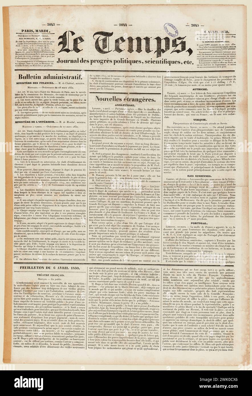Pochard, Seifenoper vom 6. April 1830.: Französisches Theater (Hernani) (beschrifteter Titel (Brief), 1830. Maisons de Victor Hugo Paris - Guernsey. Stockfoto