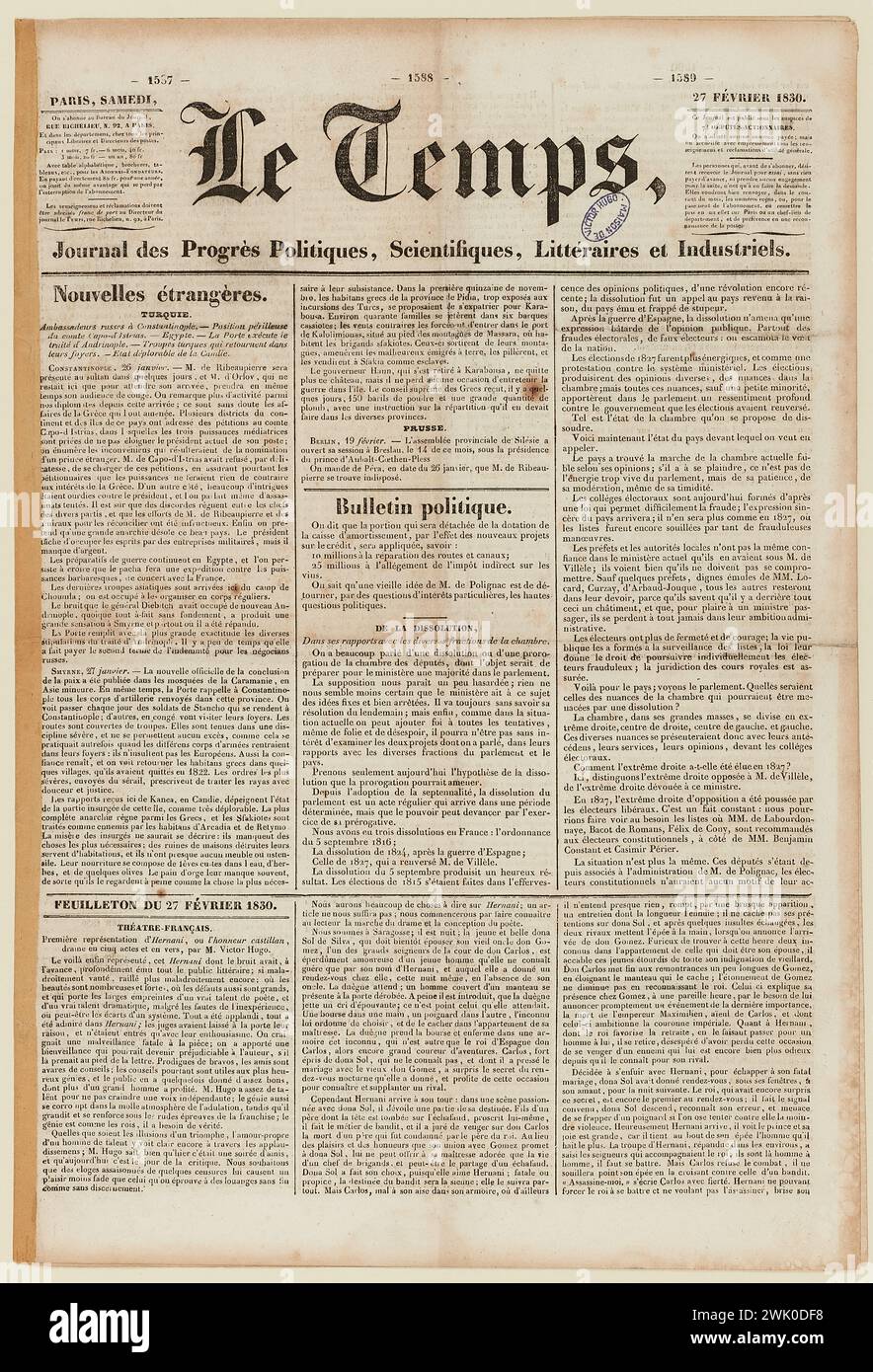 Selligue, Seifenoper vom 27. Februar 1830.: Französisches Theater (Hernani) (Inschrifttitel (Brief), 1830. Maisons de Victor Hugo Paris - Guernsey. Stockfoto