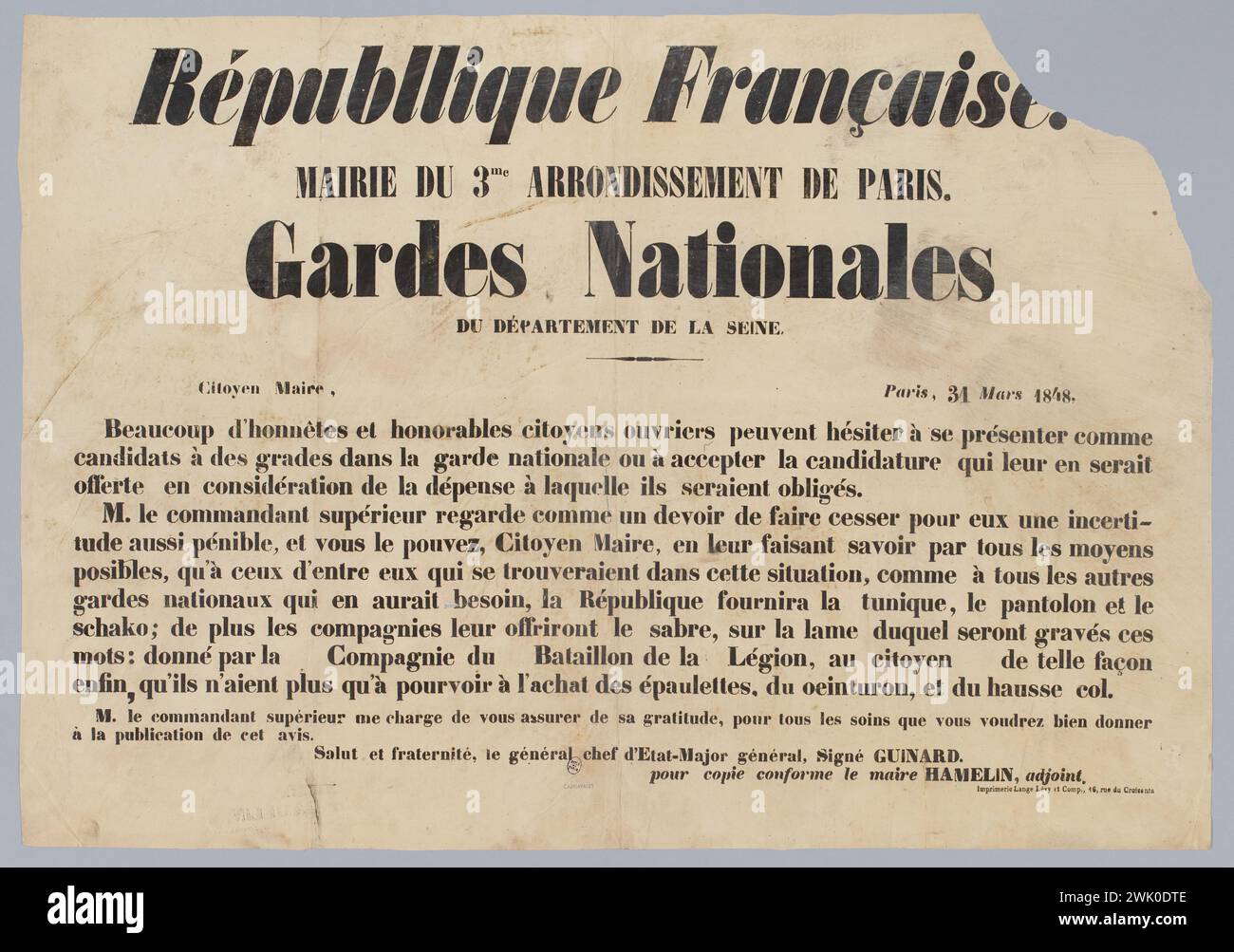 Imprimerie lange, Lévy et Cie, Französische republik [sic)/ Rathaus des 3. Arrondissements von Paris./ Nationalgarde/ du Department de la seine (eingetragener Titel (Brief)), 1848. Musée Carnavalet, Histoire de Paris. Stockfoto