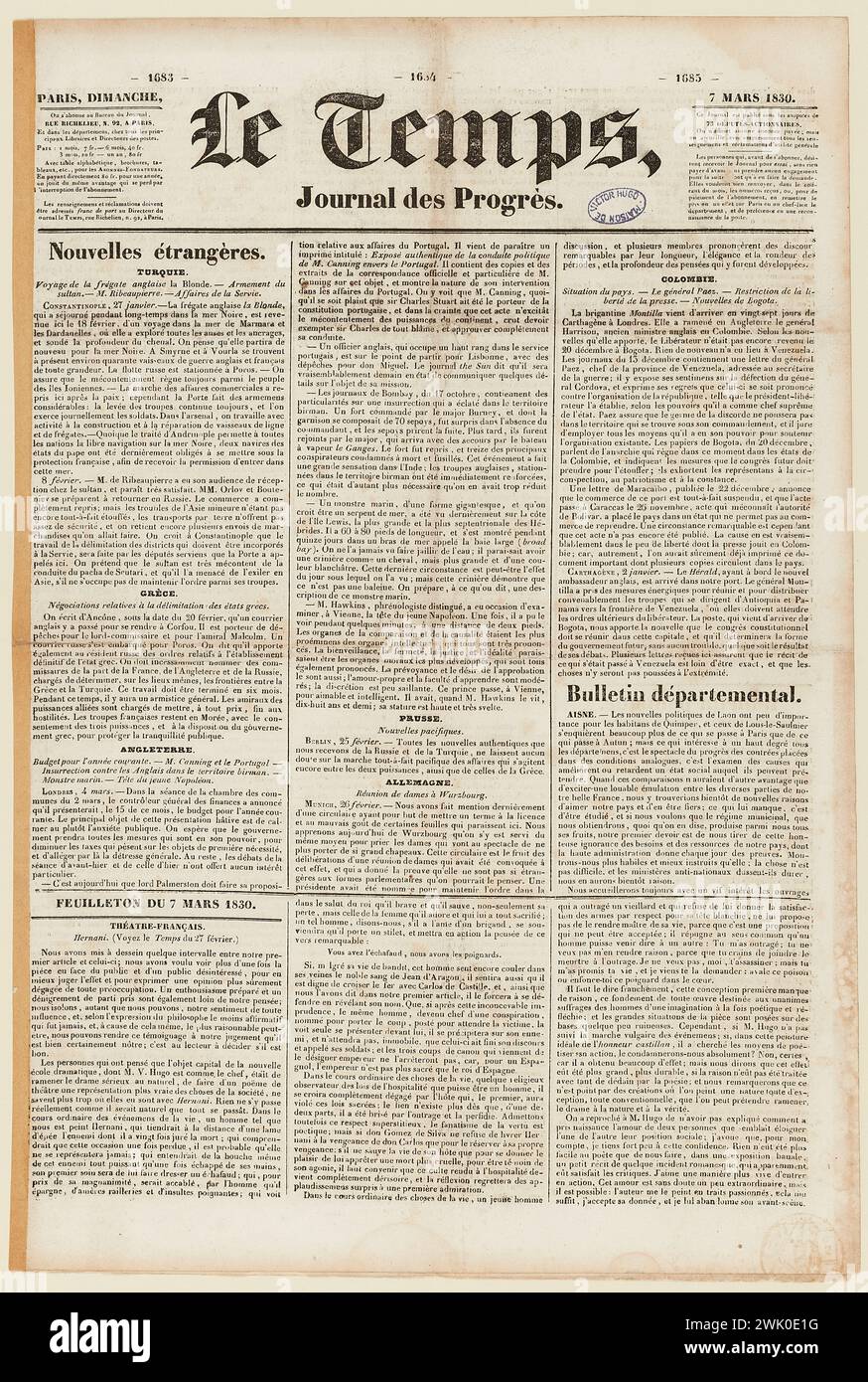 Selligue, Seifenoper vom 7. März 1830.: Französisches Theater (Hernani) (Inschrifttitel (Brief)), 1830. Maisons de Victor Hugo Paris - Guernsey. Stockfoto