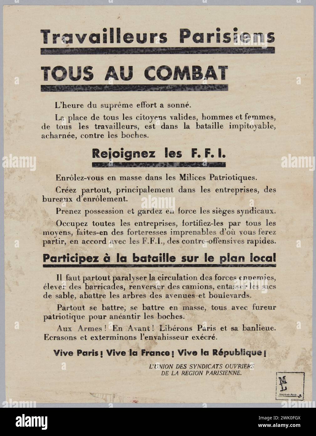 Pariser Arbeiterbroschüre, alle im Kampf (eingetragener Titel (Brief)), 1944. Museum der Befreiung von Paris - General Leclerc Museum - Jean Moulin Museum. Stockfoto