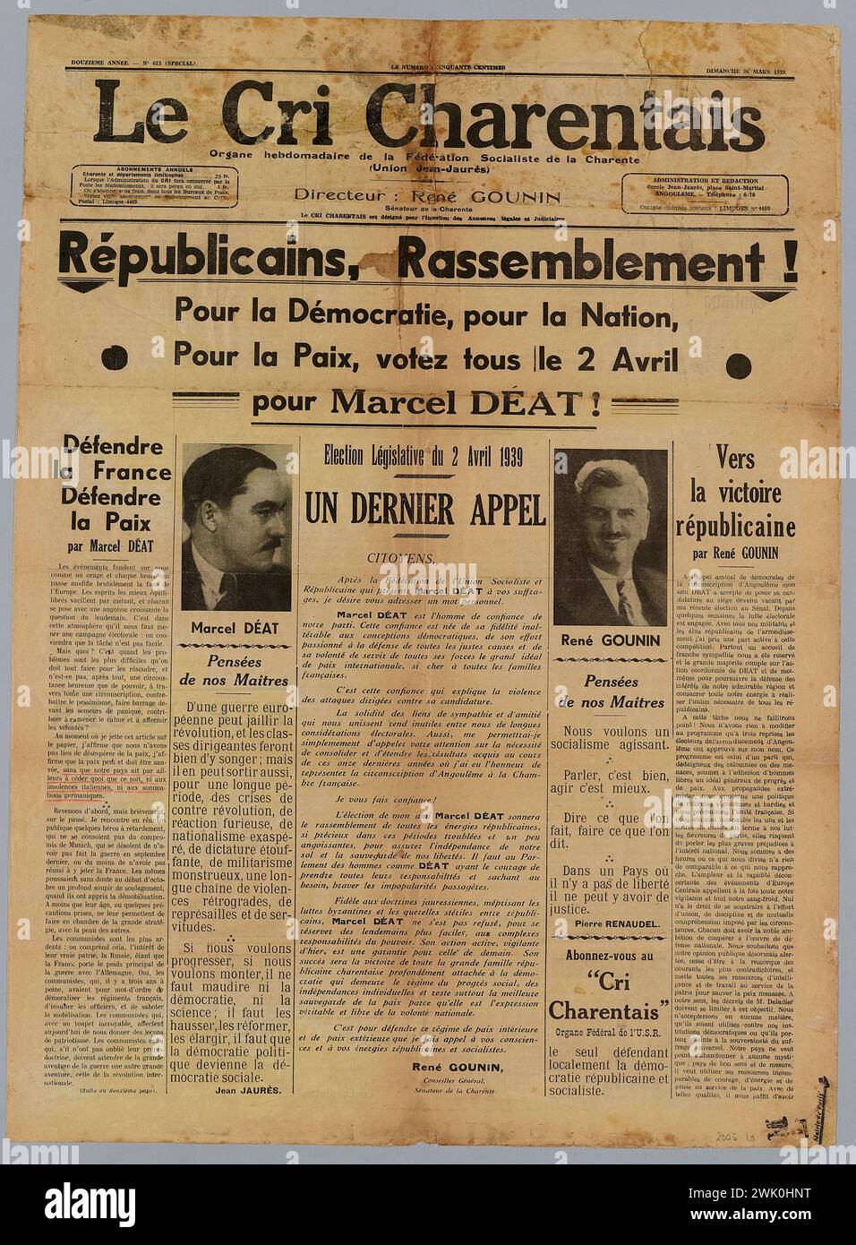 Imprimerie Ouvrière (n.-D.), Journal le CRI Charentais n ° 613 (Special) vom 26. März 1939 (eingetragener Titel), 26. März 1939. Bedrucktes Papier. Museum der Befreiung von Paris - General Leclerc Museum - Jean Moulin Museum. Stockfoto