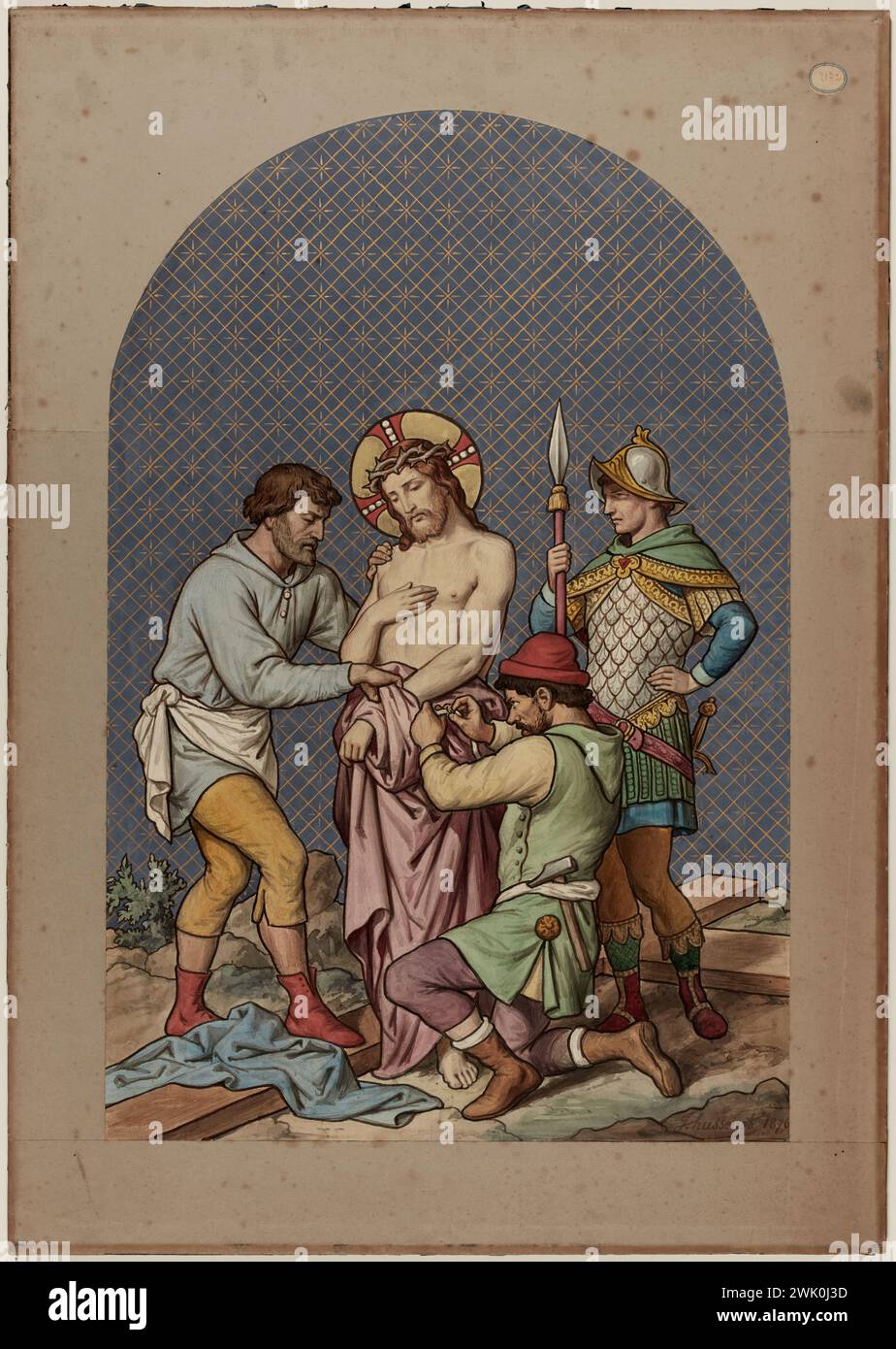 Hussenot, Joseph (Nr. 1827-08-18-D.1896-02-27), Studie für die Kreuzstationen der Kirche Notre-Dame-de-la-Croix: Station X: Jesus ist entkleidet (Haupttitel), 1876. Schwarzer Stift und Tinte, Aquarell, Gold auf Pappe. Gekrümmter Papierrahmen, der auf den Karton geklebt ist. Petit Palais, Museum der Schönen Künste der Stadt Paris. Stockfoto