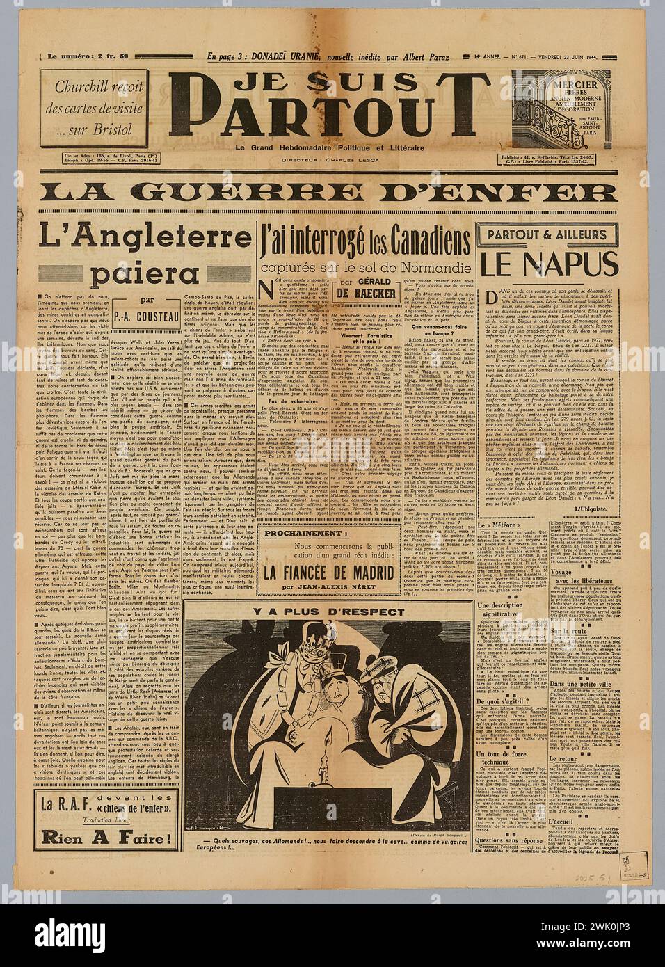 Imprimerie de Paris -Soir (I.P.S.) (n.-d.), wöchentlich bin ich überall - 14. Jahr - n ° 671 (eingetragener Titel), 23.06.1944. Bedrucktes Papier. Museum der Befreiung von Paris - General Leclerc Museum - Jean Moulin Museum. Stockfoto