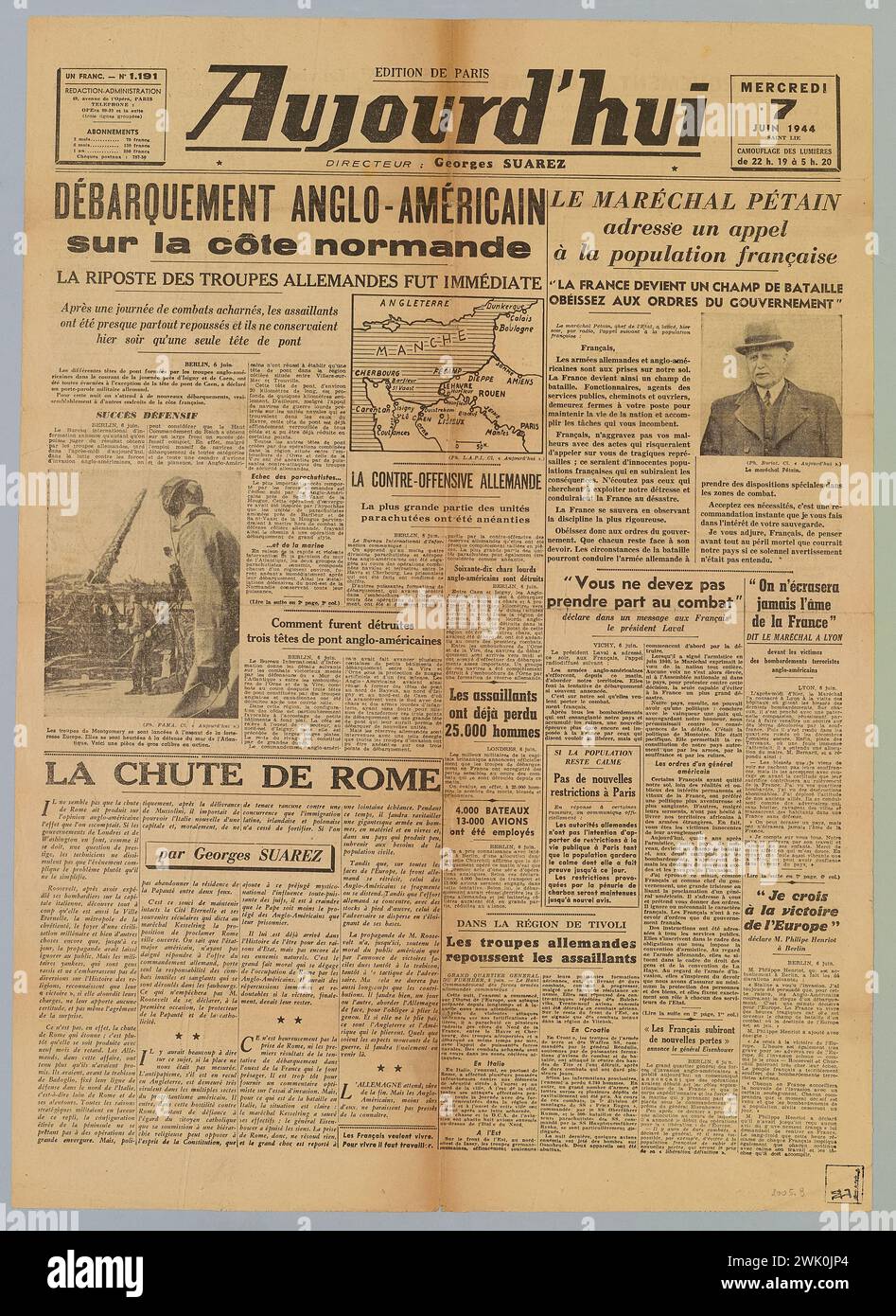 Imprimerie de Paris -Soir (I.P.S.) (n.-D.), Journal Today - Ausgabe von Paris - Nr. 1,191 vom 7. Juni 1944 (Titel vergeben), 07.06.1944. Bedrucktes Papier. Museum der Befreiung von Paris - General Leclerc Museum - Jean Moulin Museum. Stockfoto