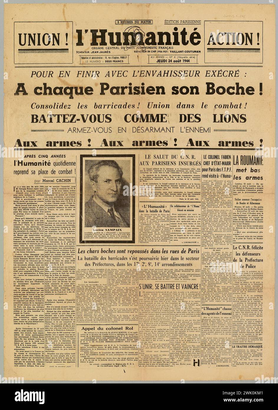 Sonderdruck der Menschheit (n. - d.), Humanität - Zentralorgan der PCF - n ° 4 (Pariser Ausgabe von 5h) (gebräuchlicher Name), 24.08.1944. Bedrucktes Papier. Museum der Befreiung von Paris - General Leclerc Museum - Jean Moulin Museum. Stockfoto