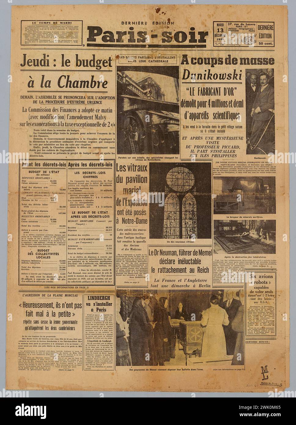 Imprimerie de Paris-Soir (I.P.S.) (n.-d.), Paris-Soir Zeitung-16. Jahr-n ° 5,597 (eingetragener Titel), 1938-12-13. Bedrucktes Papier. Museum der Befreiung von Paris - General Leclerc Museum - Jean Moulin Museum. Stockfoto