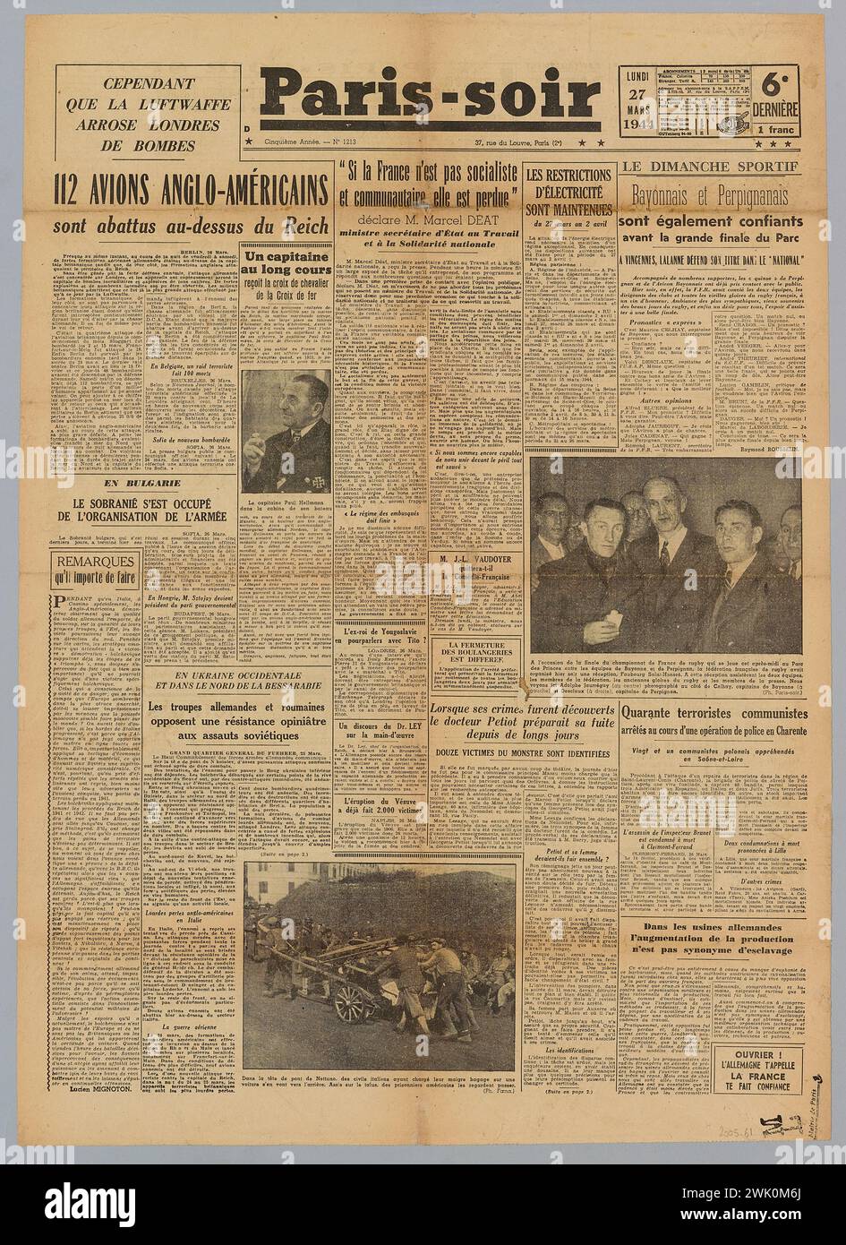 Imprimerie de Paris-Soir (I.P.S.) (n.-d.), Paris-Soir Zeitung-5. Jahr-n ° 1213 (eingetragener Titel), 27.03.1944. Bedrucktes Papier. Museum der Befreiung von Paris - General Leclerc Museum - Jean Moulin Museum. Stockfoto