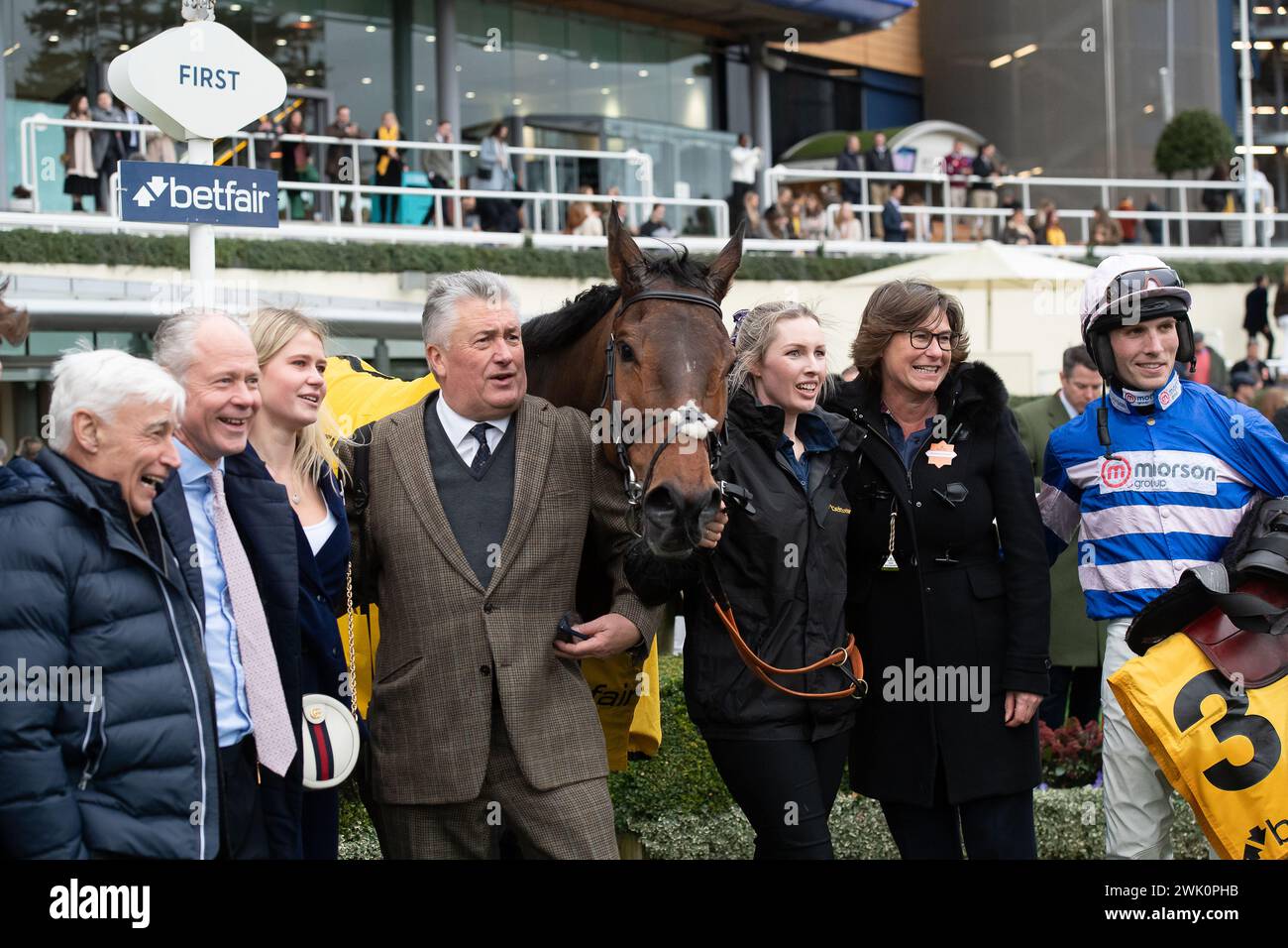 Ascot, Berkshire, Großbritannien. Februar 2024. Horse PIC D'Orhy geritten von Jockey Harry Cobden Gewinner der Betfair Ascot Steeple Chase beim Betfair Ascot Chase Raceday auf der Ascot Racecourse für die Besitzerin Johnny de la Hey und Trainer Paul Nicholls, Ditcheat. Sponsor Der Morson Group. Quelle: Maureen McLean/Alamy Live News Stockfoto