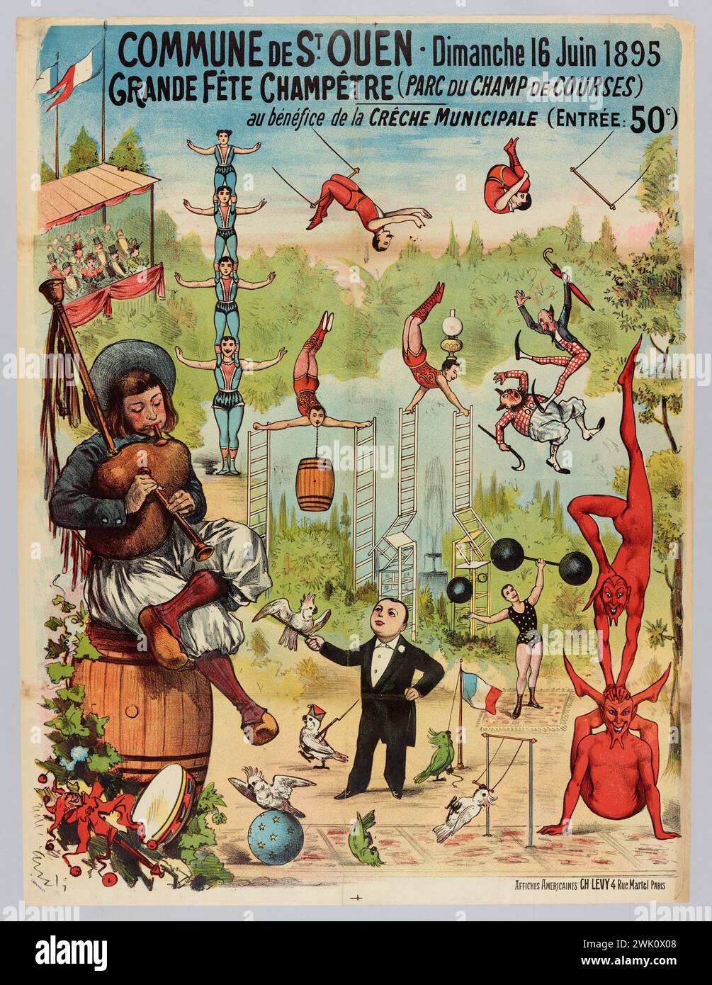 Anonym, Gemeinde St. Ouen. Sonntag, 16. Juni 1895/ großes Landfest (Rennbahn-Park)/ zugunsten der Creêche [sic] Municipal (Entree: 50 C) (eingetragener Titel (Brief)), 1895. Farblithographie. Carnavalet Museum, Geschichte von Paris. Stockfoto