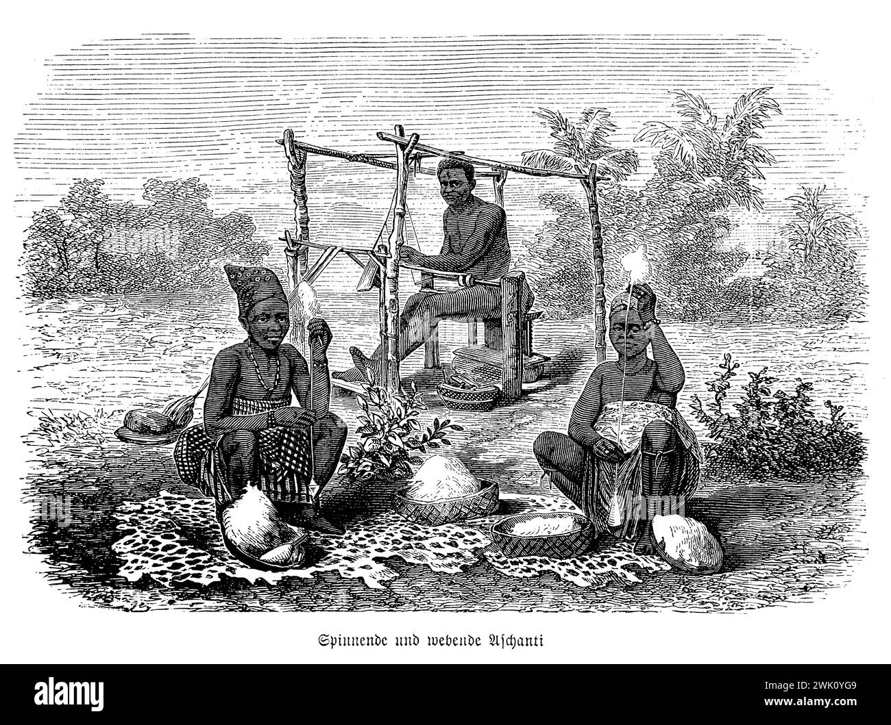 Westafrikanische Ashanti-Frauen, die im Freien Garnen und weben, Illustration des 19. Jahrhunderts Stockfoto