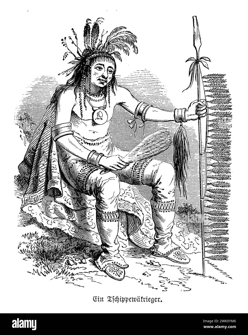 Porträt eines nordamerikanischen Chippewa-Kriegers mit Speer, Friseur und Kostüm, Illustration aus dem 19. Jahrhundert Stockfoto
