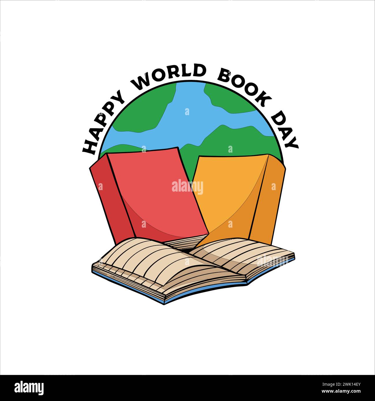 Weltbuchtag 23. april. Stapel von bunten Büchern mit offenem Buch auf blaublauem Hintergrund. Illustration des Bildungsvektors Stock Vektor
