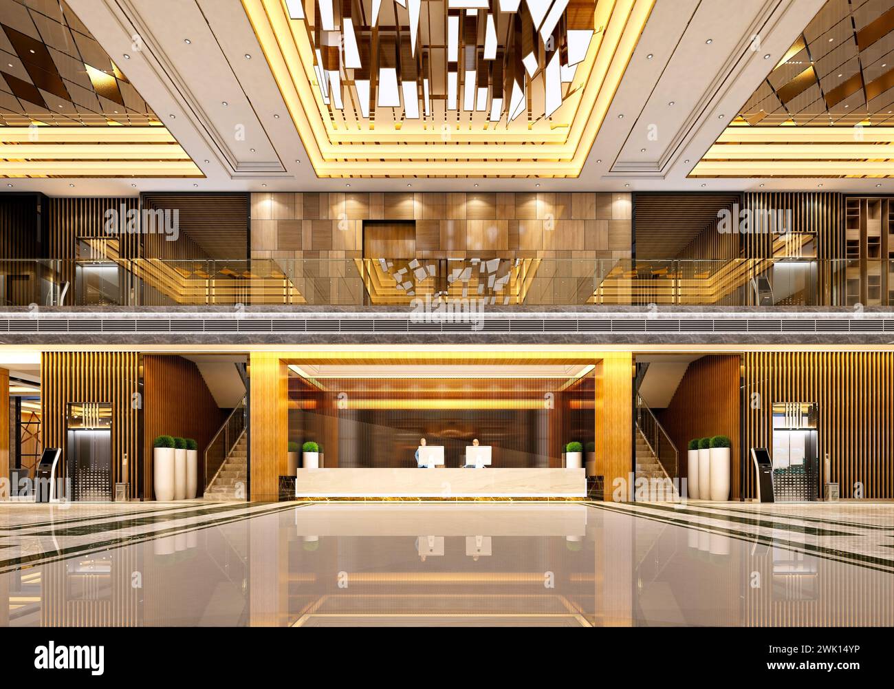 3D-Rendering des Innenraums des Eingangs des Gebäudes in der Lobby Stockfoto