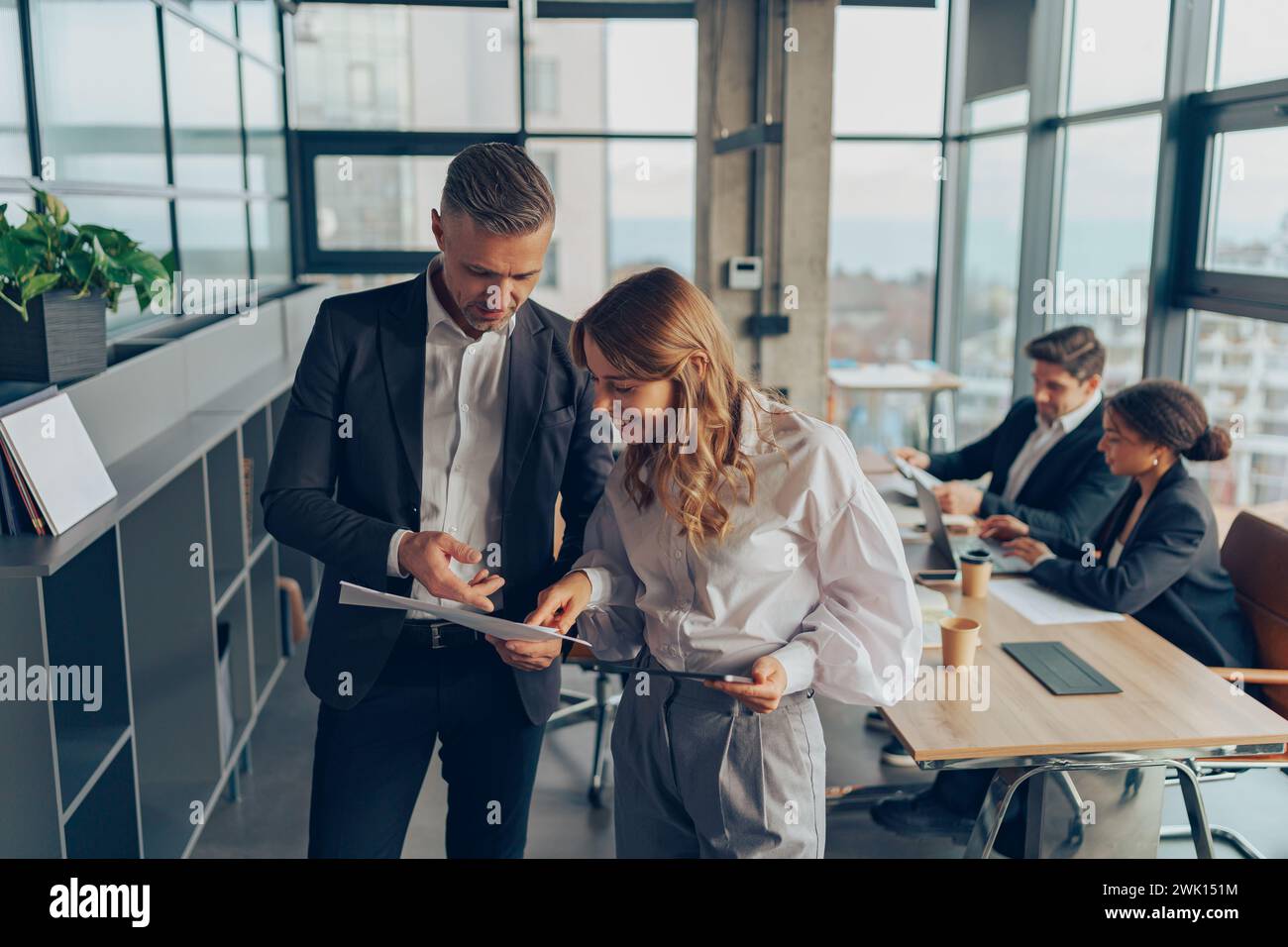 Zwei Experten für professionelle Führungskräfte diskutieren über die Zusammenarbeit mit Finanzbuchhaltungsunterlagen Stockfoto