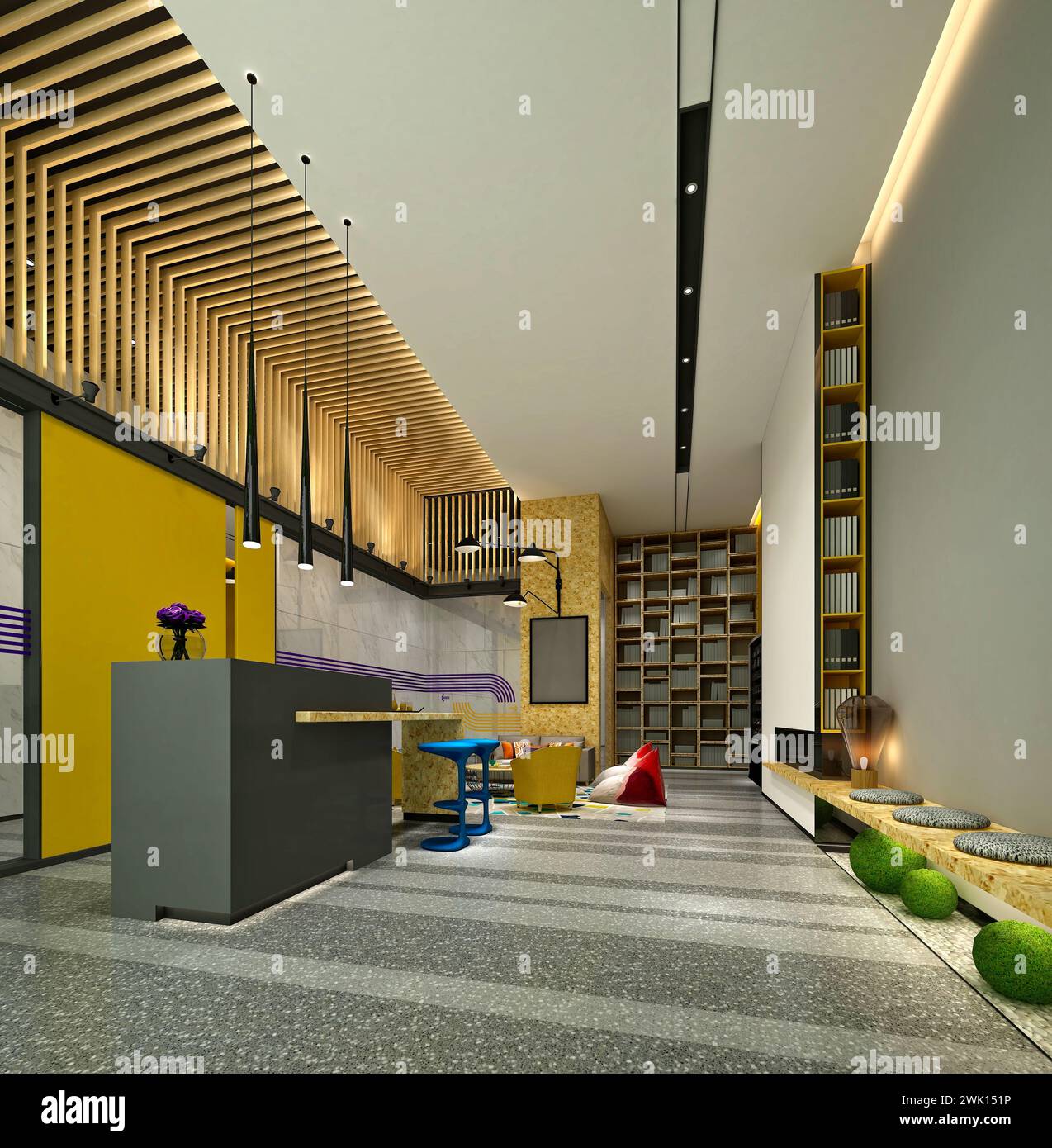 3D-Rendering des Innenraums des Eingangs des Gebäudes in der Lobby Stockfoto