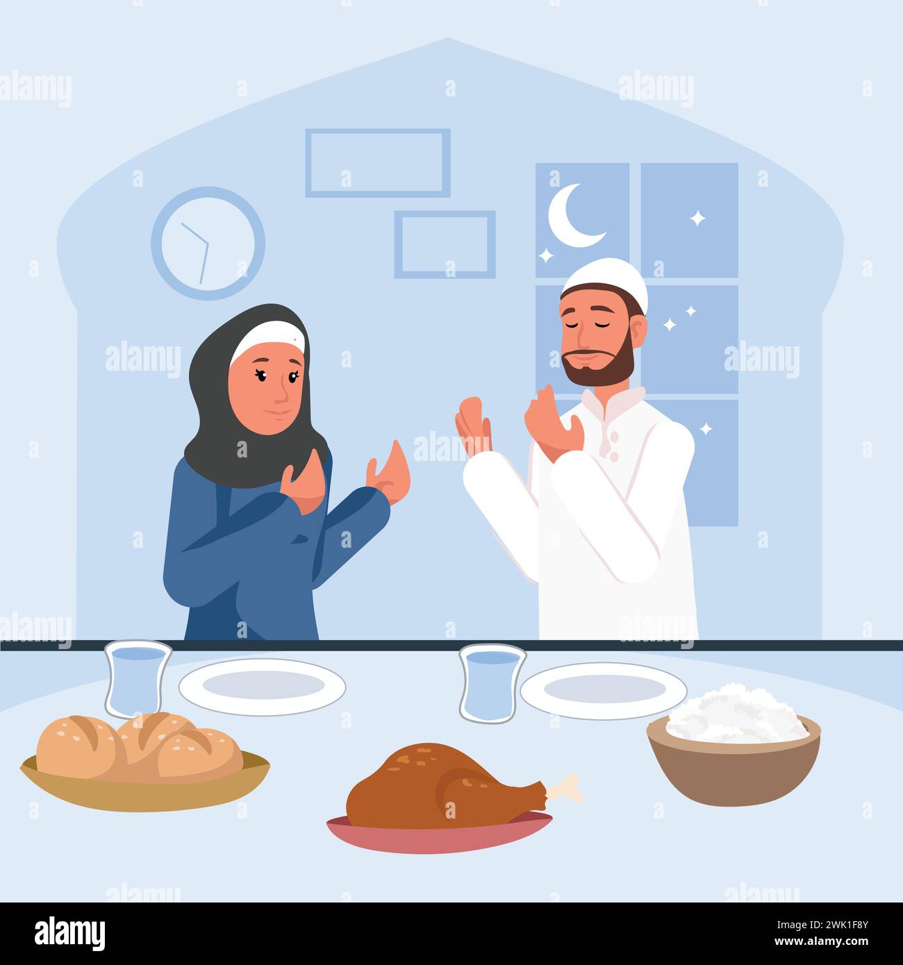 Ramadan-Ritual: Vektor-Illustration einer muslimischen Familie bereitet Iftar-Mahlzeit während des Fastenmonats Ramadan vor und betet über das Abendessen. Islam, ramadan Stock Vektor