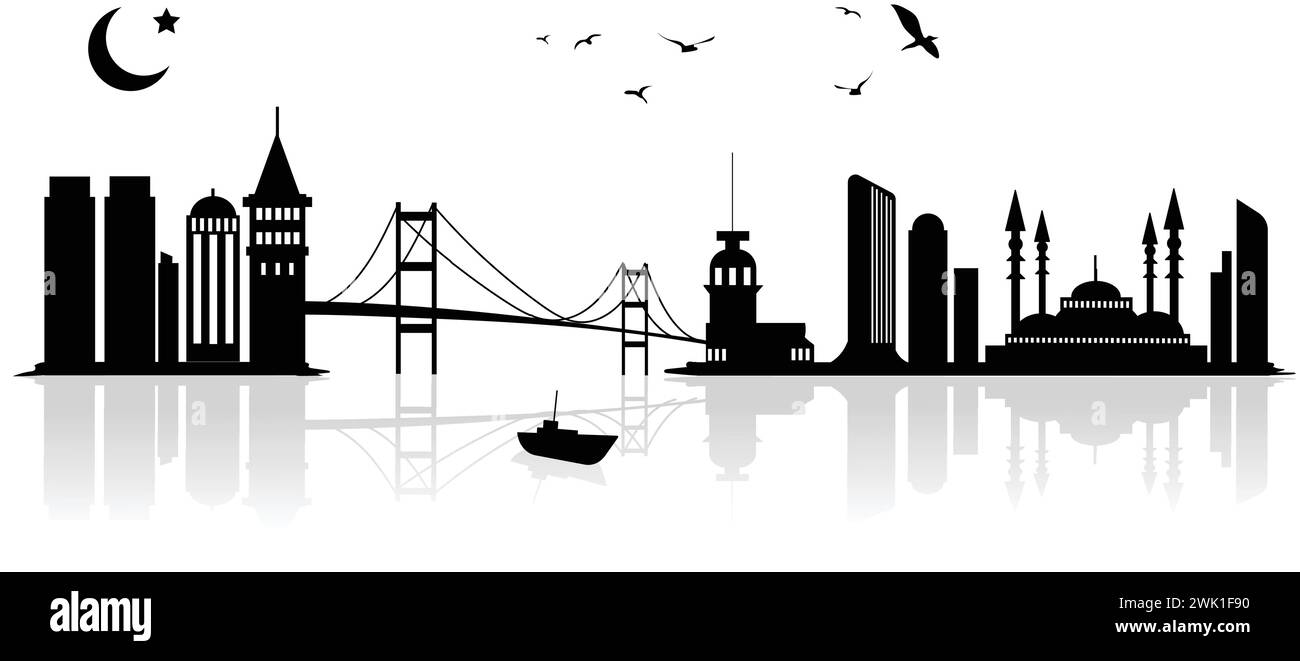 Silhouette Vektor Illustration Wahrzeichen und moderne Architektur von Istanbul, Turkiye. Galata Tower, Maiden Tower und Istanbul Bosporus Bridge. Stock Vektor