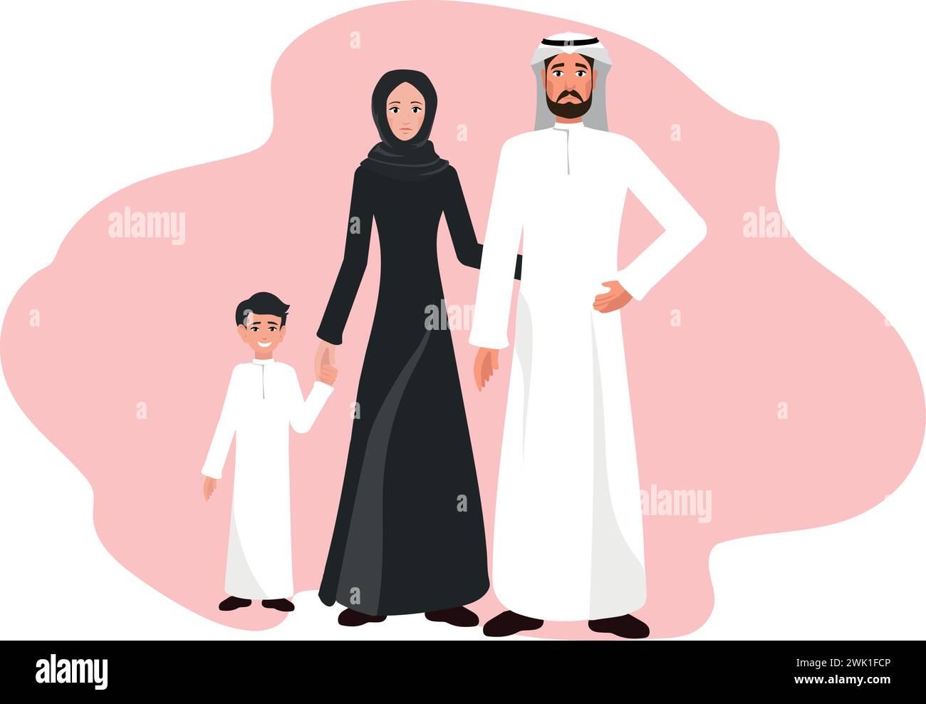 Muslimische arabische Familie in traditioneller islamischer Kleidung, versammelt mit ihrem Kind. Hochformat in voller Länge. Vektorabbildung. Stock Vektor