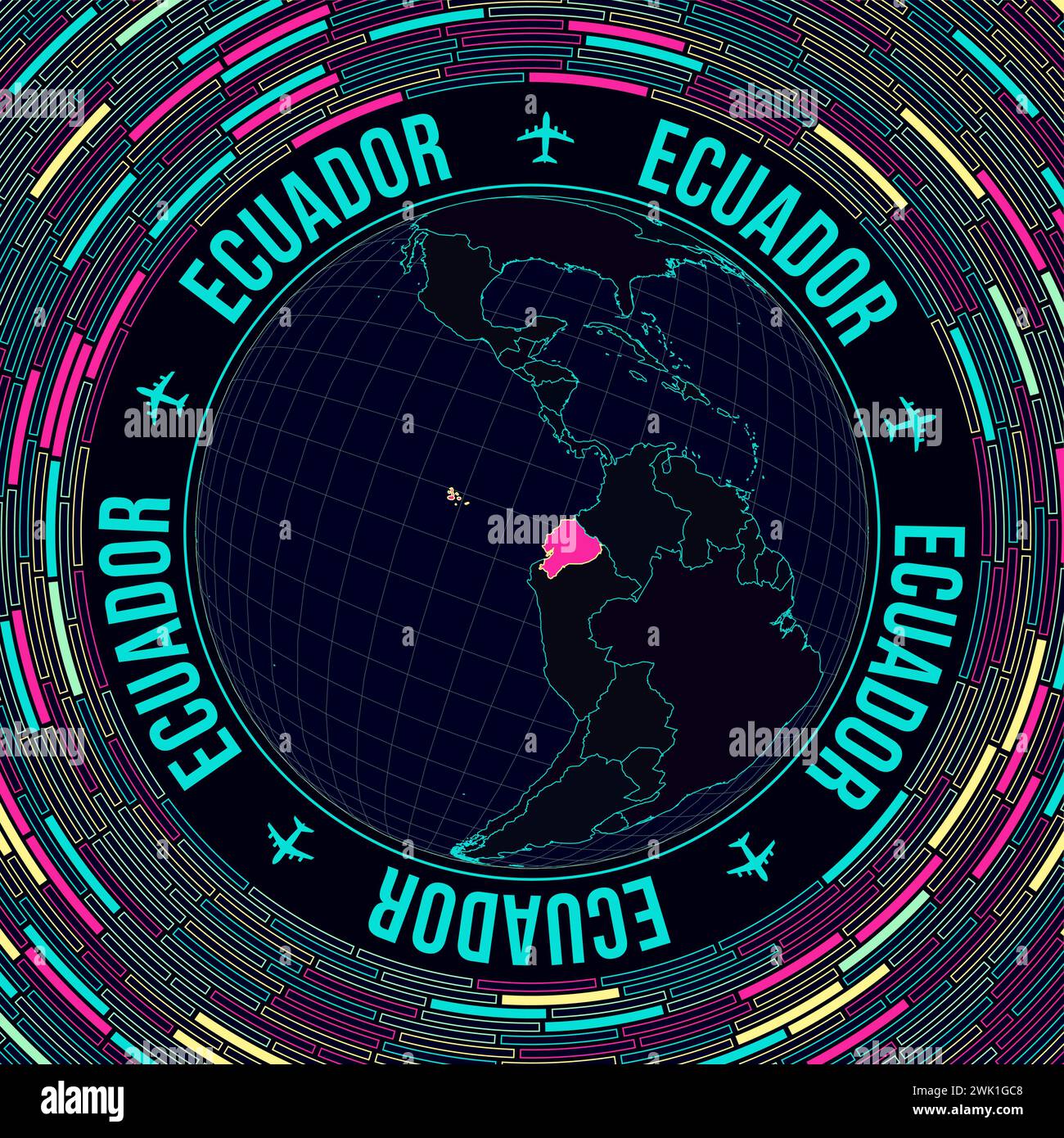 Ecuador auf der Welt. Satellitenansicht der Welt mit Schwerpunkt auf Ecuador. Leuchtender Neonstil. Futuristischer Radialziegelhintergrund. Stock Vektor