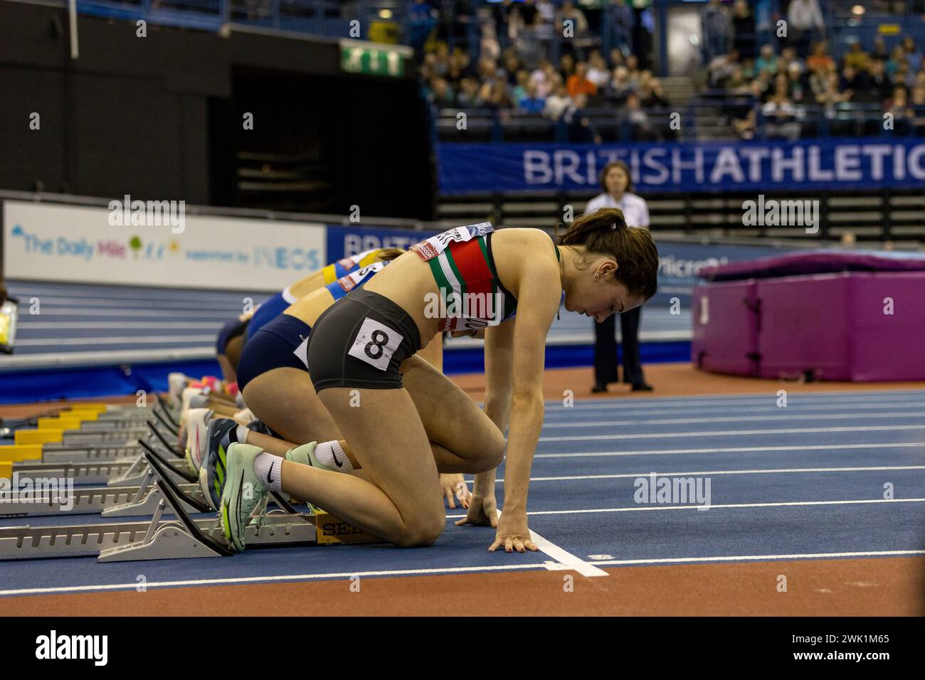 Birmingham, 17. Februar 2024, 60m Frauen Halbfinale - Start Line in der Utility Arena Birmingham, Credit: Aaron Badkin/Alamy Live News Stockfoto