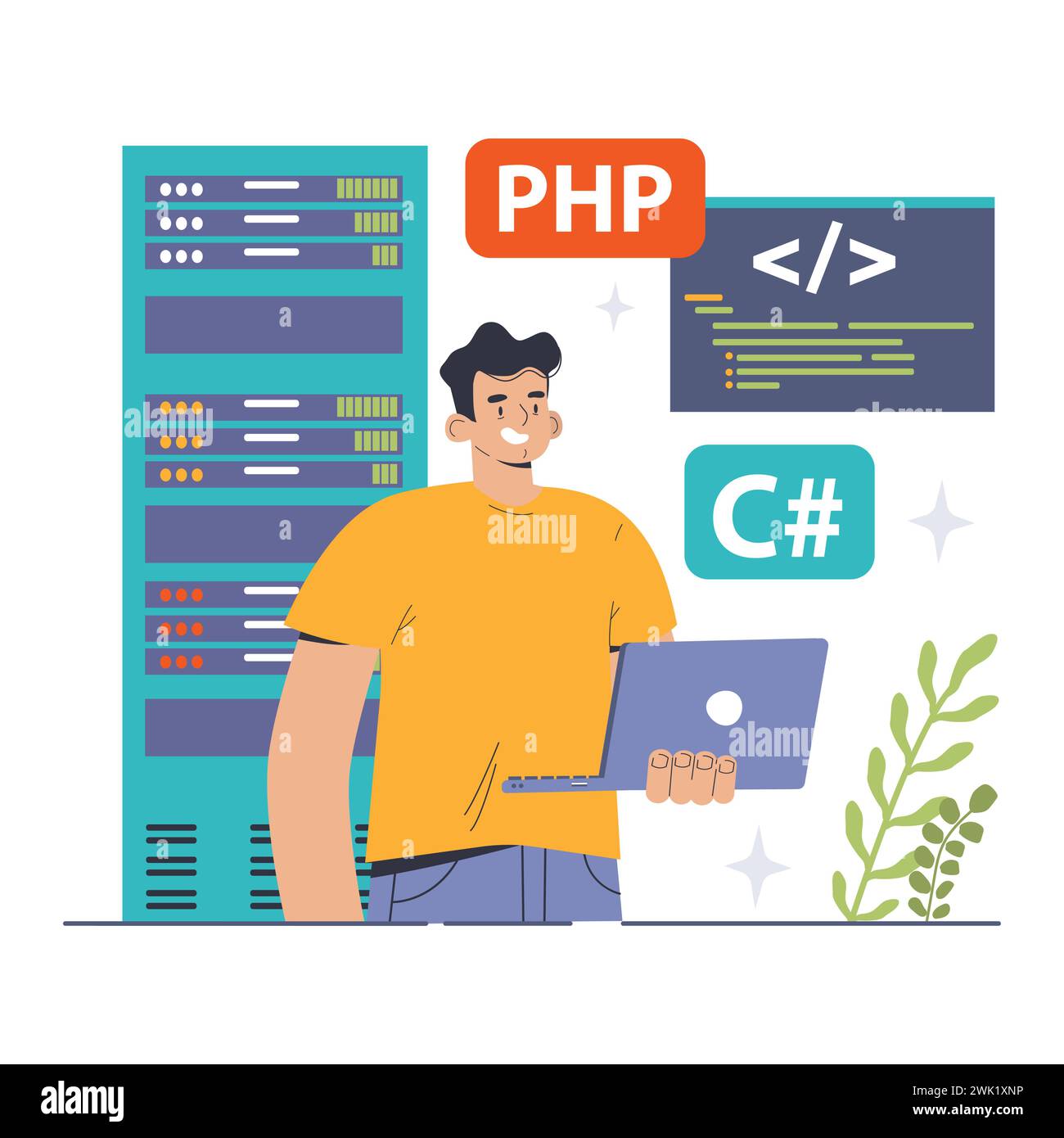 Softwareentwicklung. Codierung, Back-End- und Front-End-Engineering oder -Programmierung. Software-Skript- und Algorithmusentwicklung. Illustration des flachen Vektors Stock Vektor