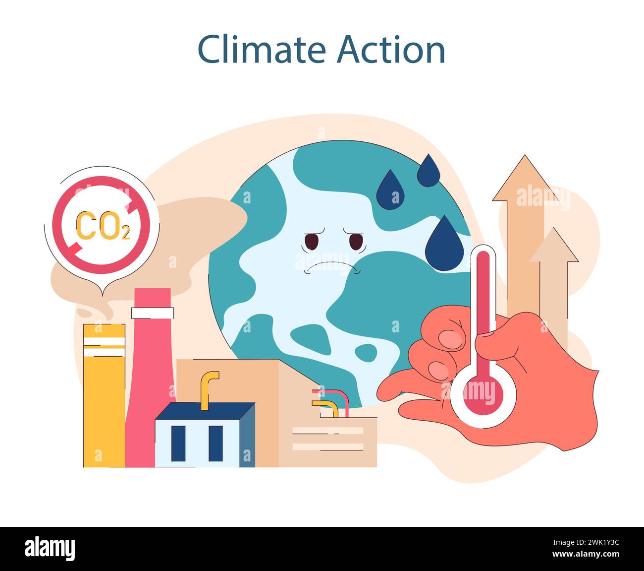 Klimaschutz. Bekämpfung der globalen Erwärmung durch Emissionsminderung und nachhaltige Praktiken. Für einen kühleren Planeten eintreten. Illustration des flachen Vektors Stock Vektor