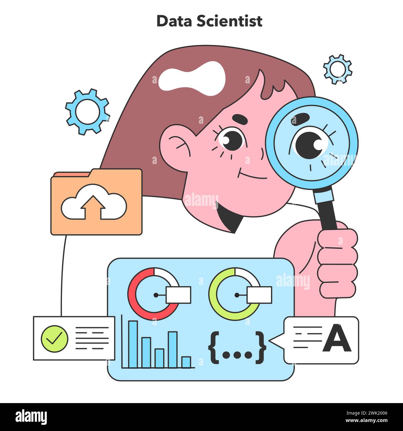 Ein Datenwissenschaftler analysiert sorgfältig Informationen und entdeckt versteckte Muster in Daten, um Trends vorherzusagen und Entscheidungen zu treffen. Stock Vektor