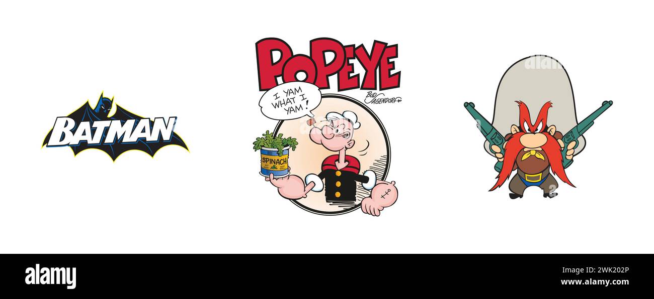 Batman, Popeye der Matrose, yosemite sam. Redaktionelle Logokollektion für Kunst und Design. Stock Vektor