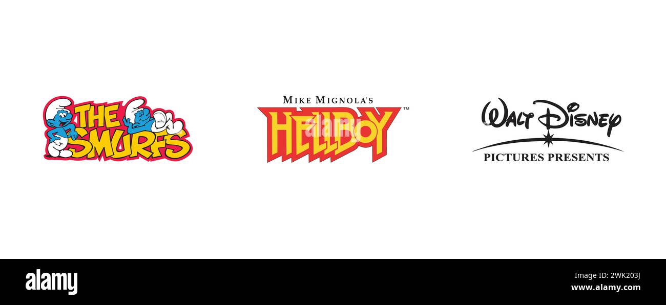 Walt Disney Pictures Geschenke, Schlümpfe, Hellboy. Redaktionelle Logokollektion für Kunst und Design. Stock Vektor