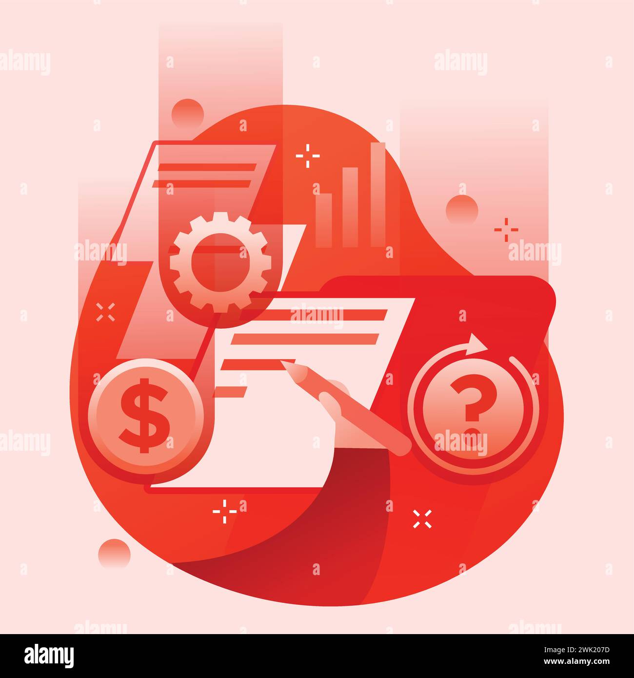 Eine Vektorillustration für Schreibdienste, mit einer Hand, die einen Bleistift hält, und Schreibartikeln für Themen wie Finanzen und Wirtschaft. Stock Vektor