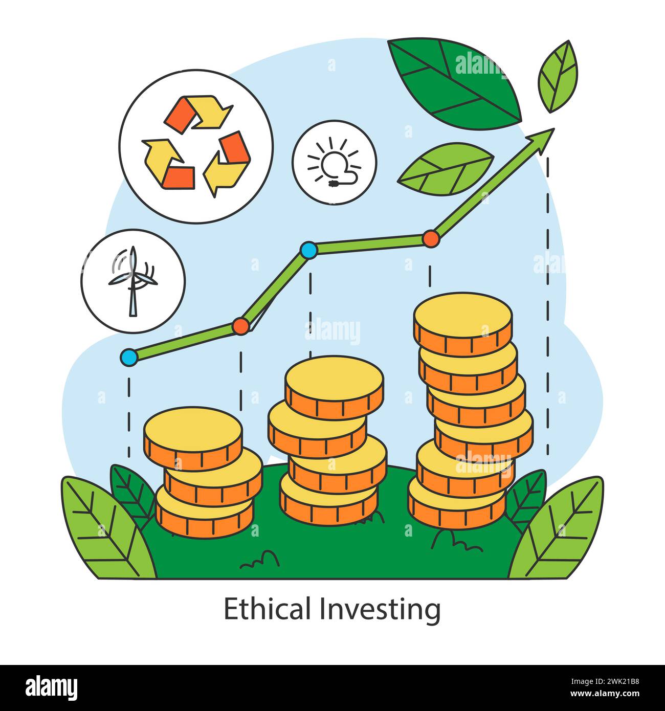 Ethisches Investitionskonzept. Visualisierung des Finanzwachstums im Einklang mit ökologischer Nachhaltigkeit und sauberer Energie. Illustration des flachen Vektors. Stock Vektor