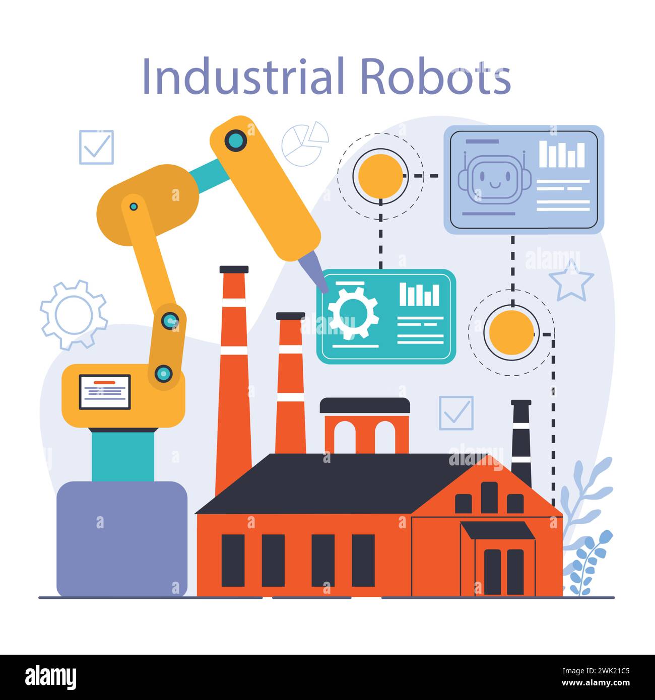 Roboterherstellung. Automatisierte Systeme oder KI, die für den Fertigungsprozess arbeiten. Entwicklung von Industrierobotern. Geschäftsintegration mit automatisierter Technologie. Illustration des flachen Vektors Stock Vektor