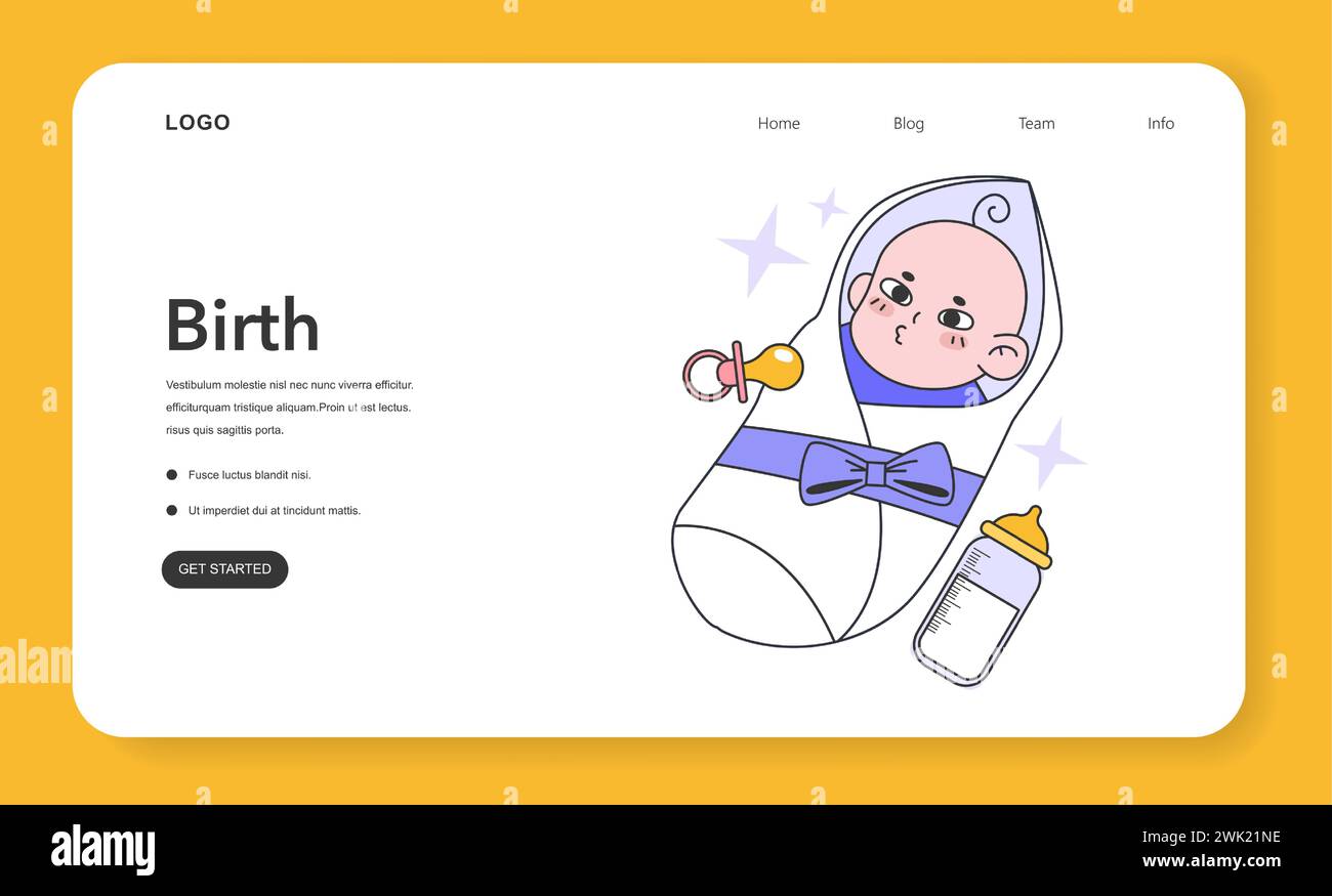 Neugeborenes, das in einem Webbanner oder einer Landing-Page schläft. Süßes Baby, fröhlicher Charakter, in saubere Windel gewickelt. Kindheitsjahre. Meilensteine im Leben. Illustration des flachen Vektors Stock Vektor