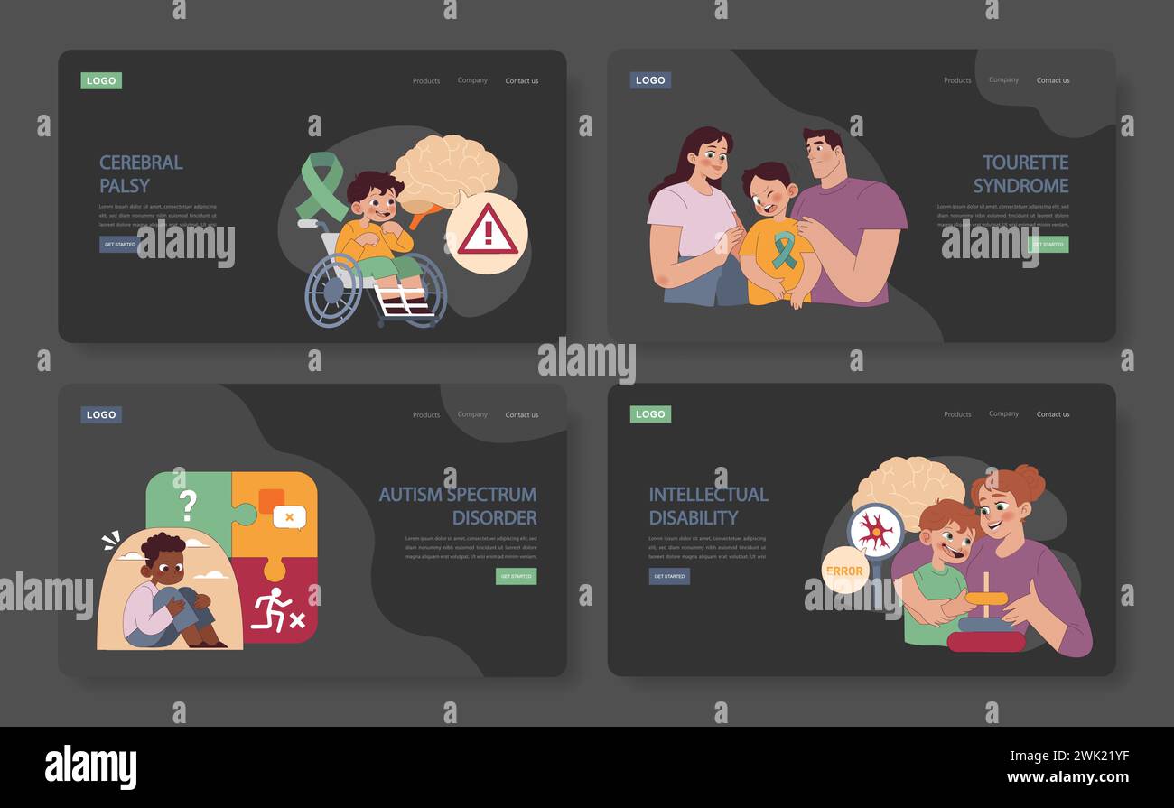 Website-Banner für Kinder mit Behinderungen gesetzt. Zerebralparese, Tourette-Syndrom, Autismus-Spektrum-Störung und geistige Behinderung. Sensibilisierung und Empathie durch Design fördern. Stock Vektor