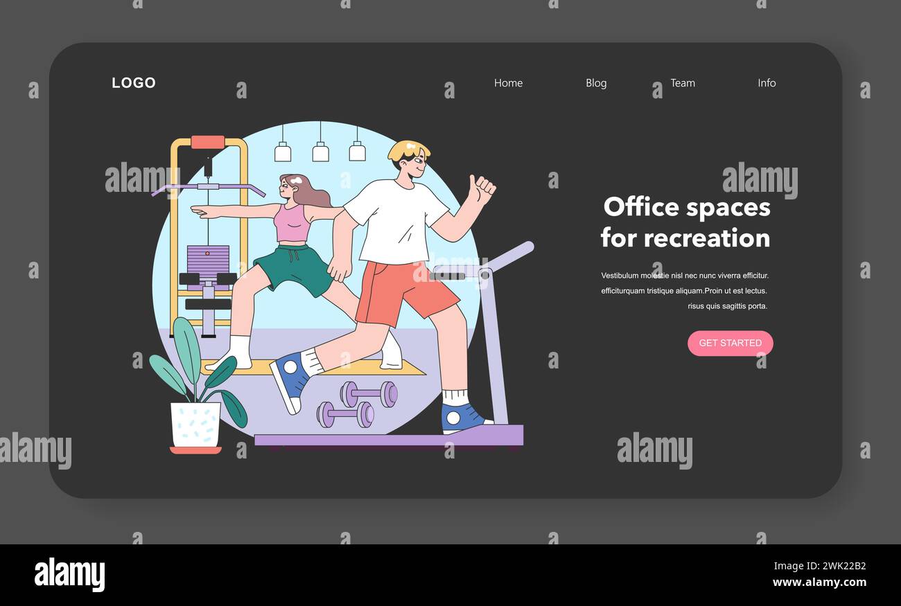 Fitness-Studio-basiertes Büro-Pausenkonzept. Ein Paar, das sich mit Laufband- und Kraftstationen in entspannenden Innenräumen entspannen kann. Energiegeladene Flucht vor Schreibtischaufgaben. Illustration des flachen Vektors Stock Vektor