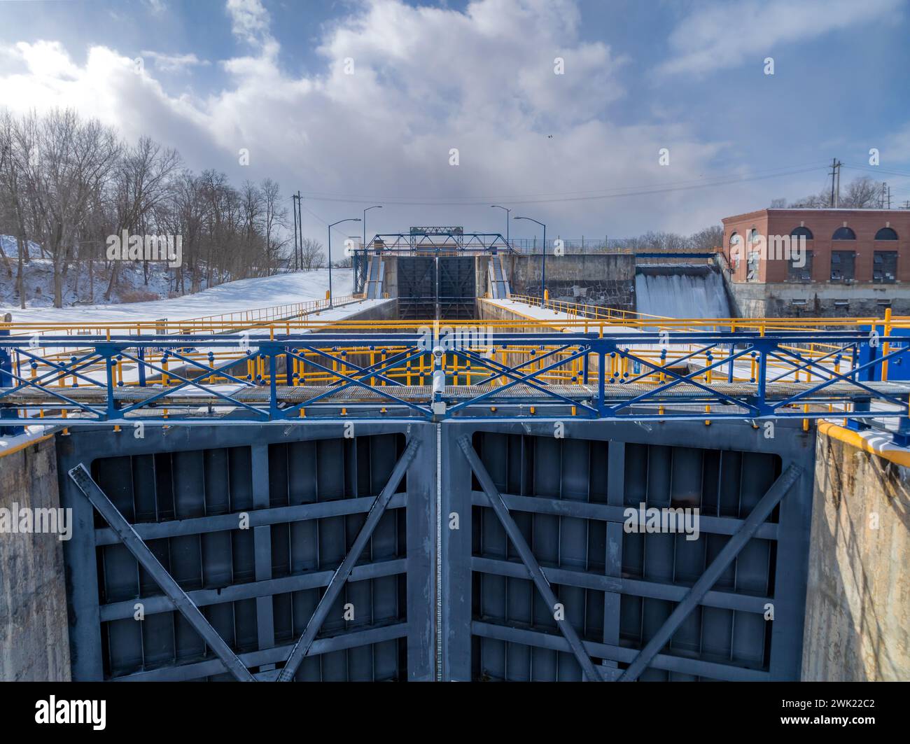 Luftbild der Erie Canal Locks in Seneca Falls, NY, zwischen Seneca Lake und Cayuga Lake. Stockfoto