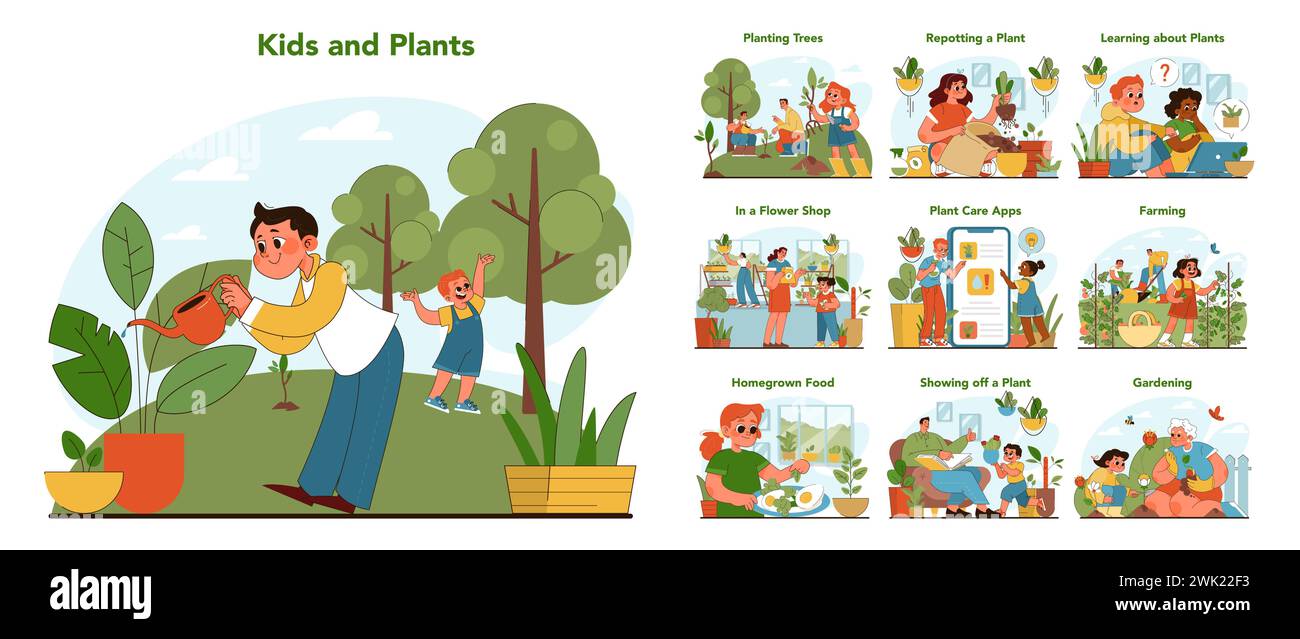 Kinder- und Pflanzenset. Junge und Mädchen erkunden die Natur mit Familienmitgliedern. Kinder durch Aktivitäten wie Gartenarbeit, Landwirtschaft und Pflanzenpflege-Apps in die Botanik einbinden. Illustration des flachen Vektors Stock Vektor