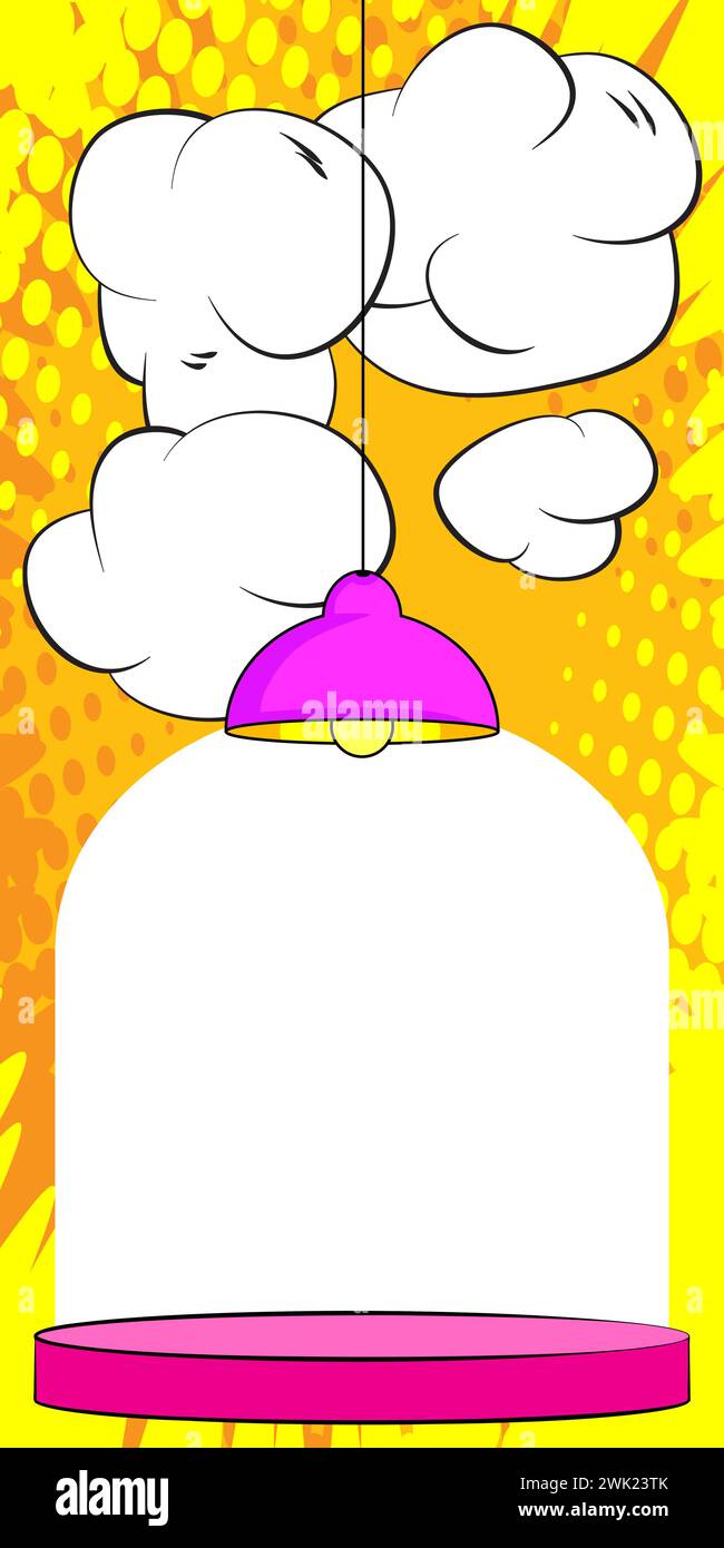 Comic Book Produkt Podiumständer für Mockup-Präsentation mit Hängelampe. Retro-Comics-Hintergrund. Stock Vektor