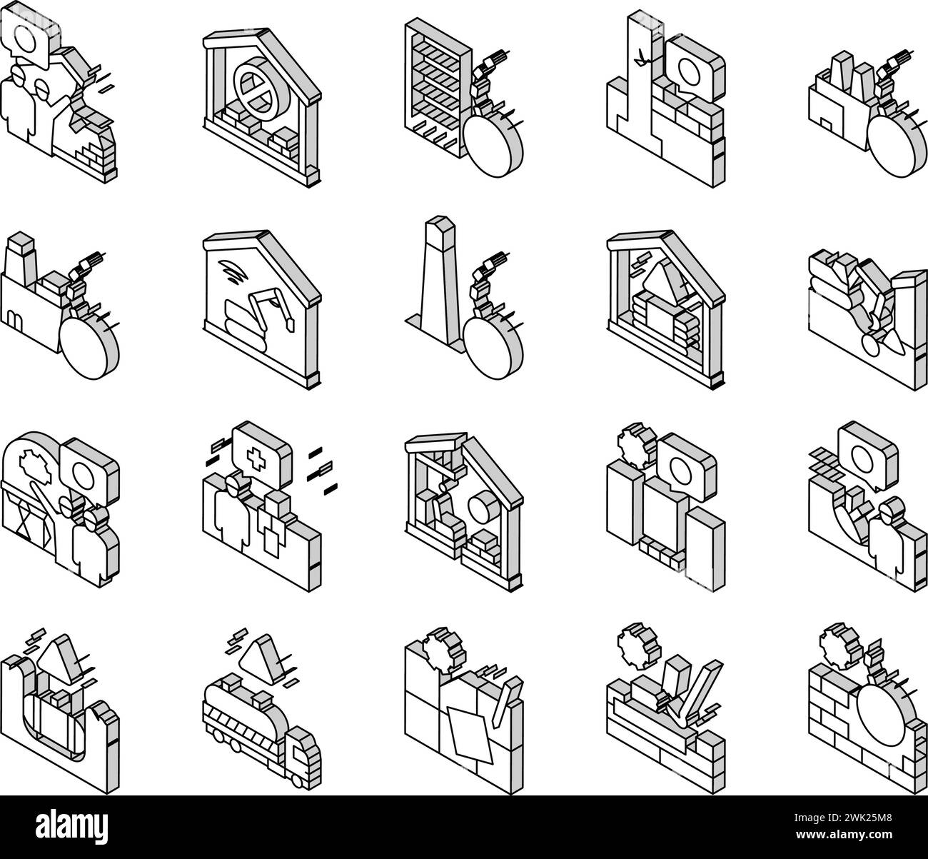 Demontage Konstruktionsprozess isometrische Symbole legen Vektor fest Stock Vektor
