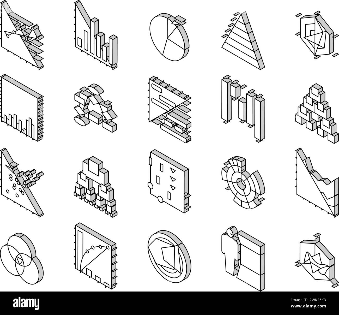 Diagramm für Analyse und Forschung isometrische Symbole legen Vektor fest Stock Vektor